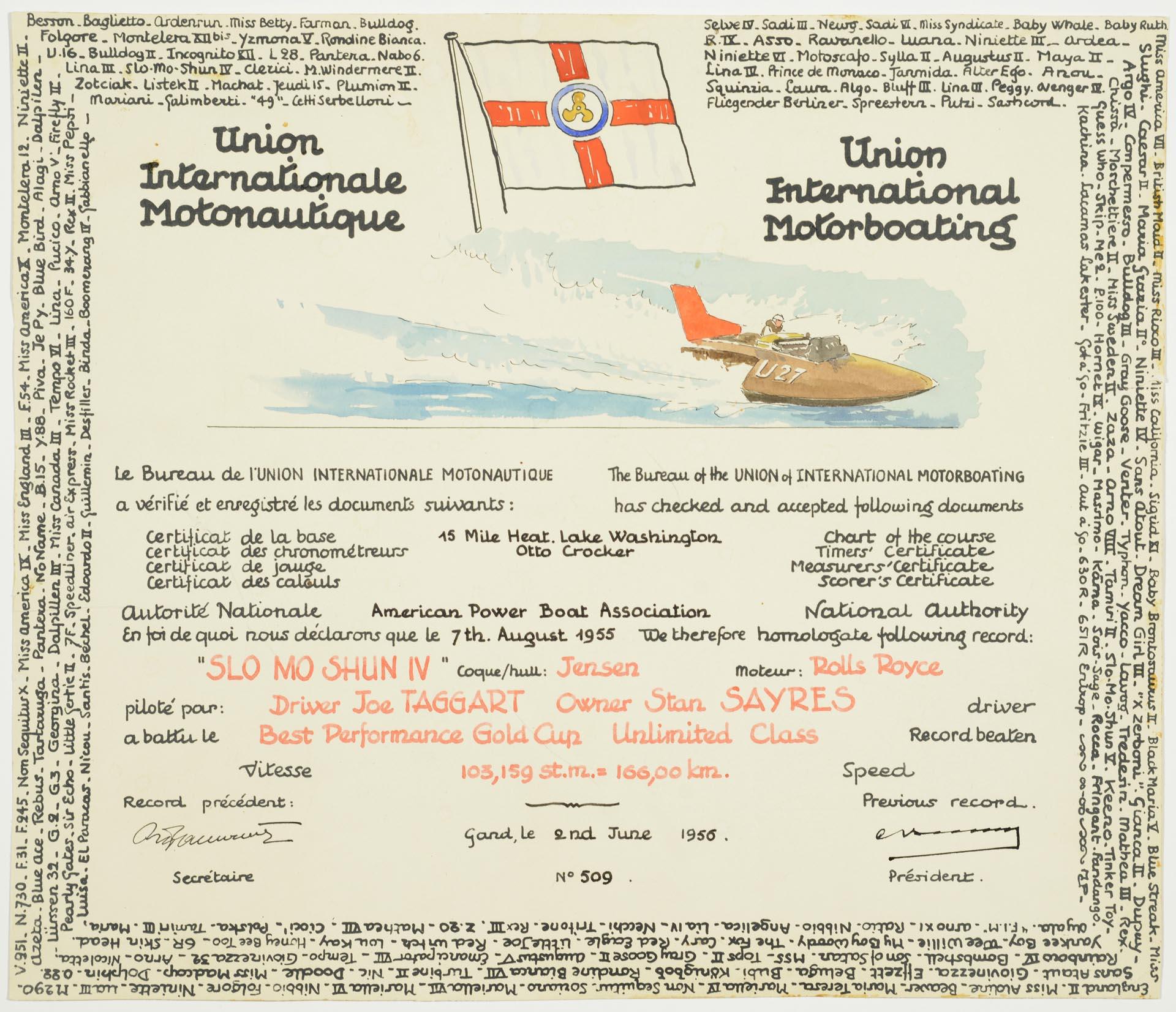 Image of Slo-Mo-Shun IV Gold Cup winner certificate, Seattle, June 2, 1956