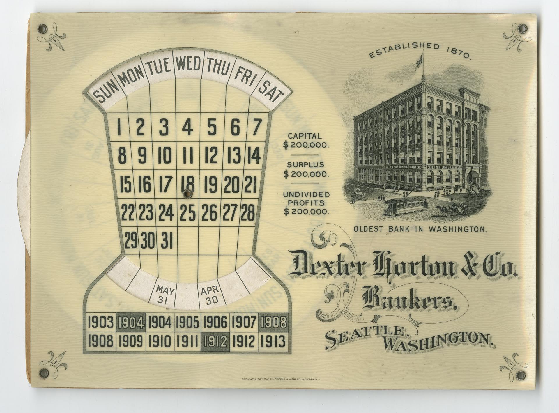 Image of Dexter Horton & Co. 10-year perpetual calendar, Seattle, 1903