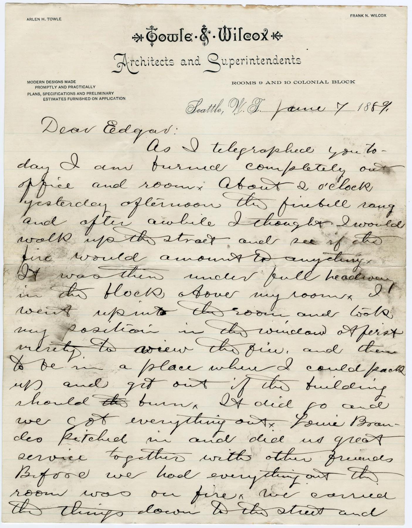 Image of Letter from Henry McClure after Great Seattle Fire, June 7, 1889
