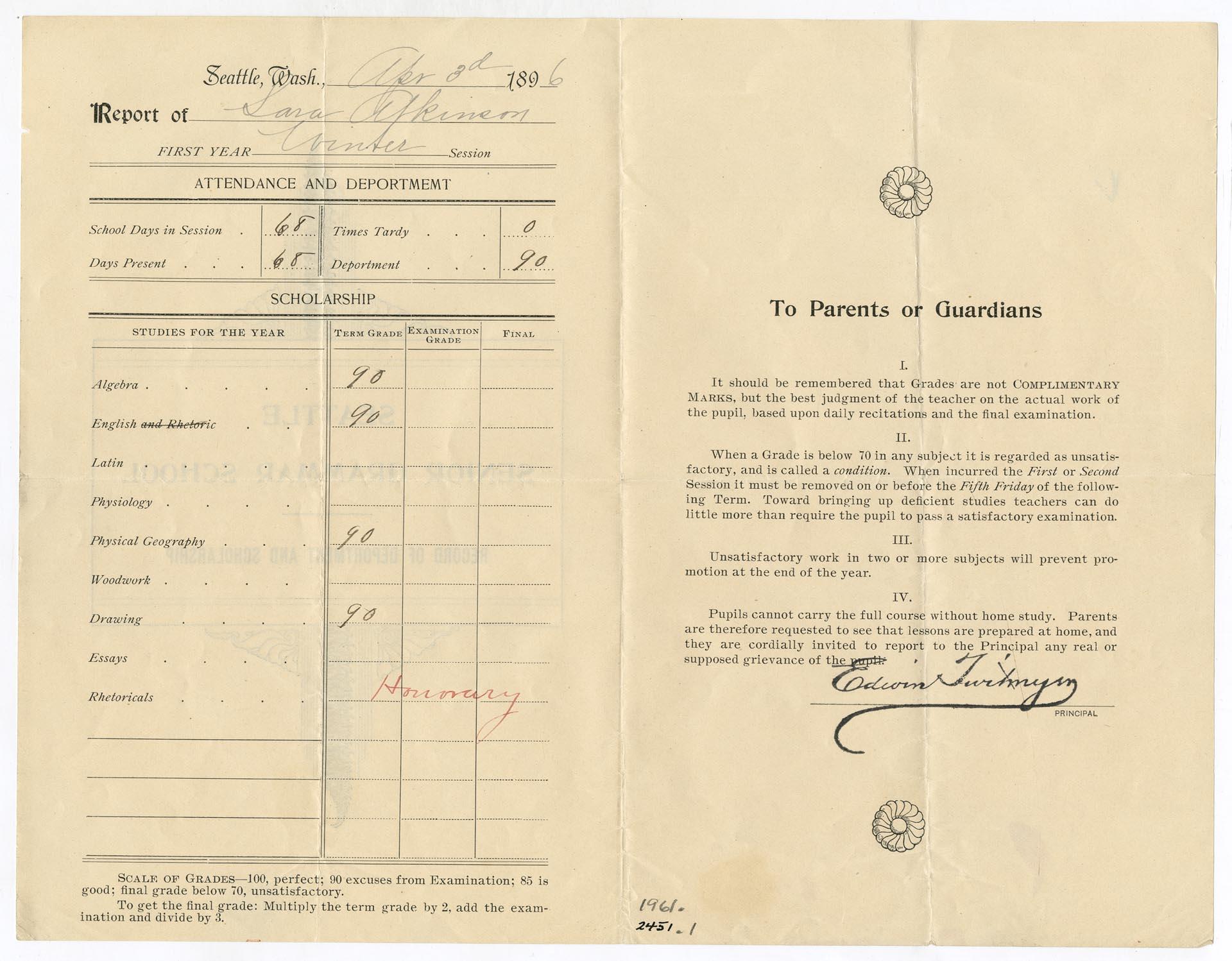 Image of Seattle Senior Grammar School report card, April 2, 1896