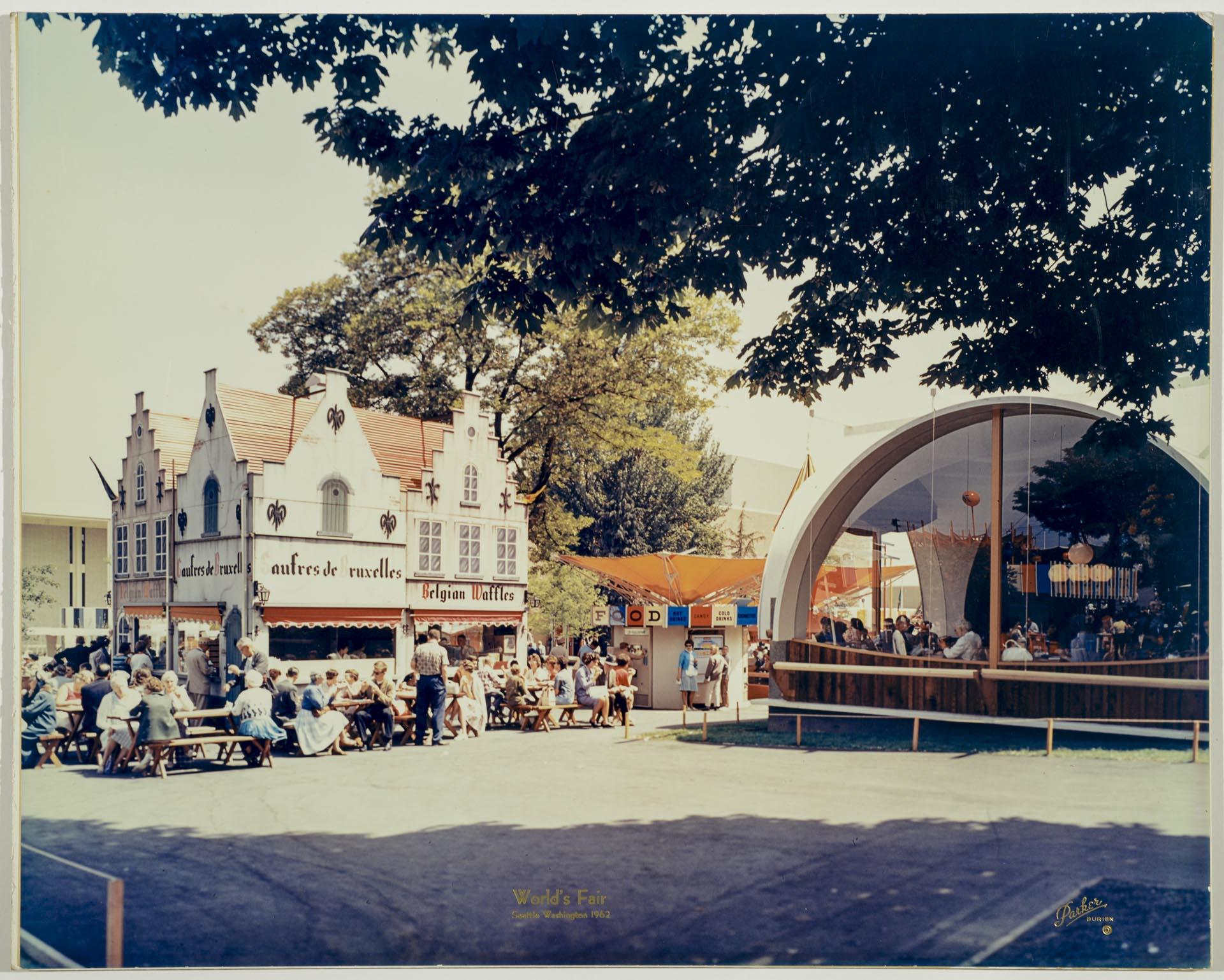 Image of Belgian Waffle House (Gaufres de Bruxelles) and Hofbrau Haus, Seattle World's Fair, 1962