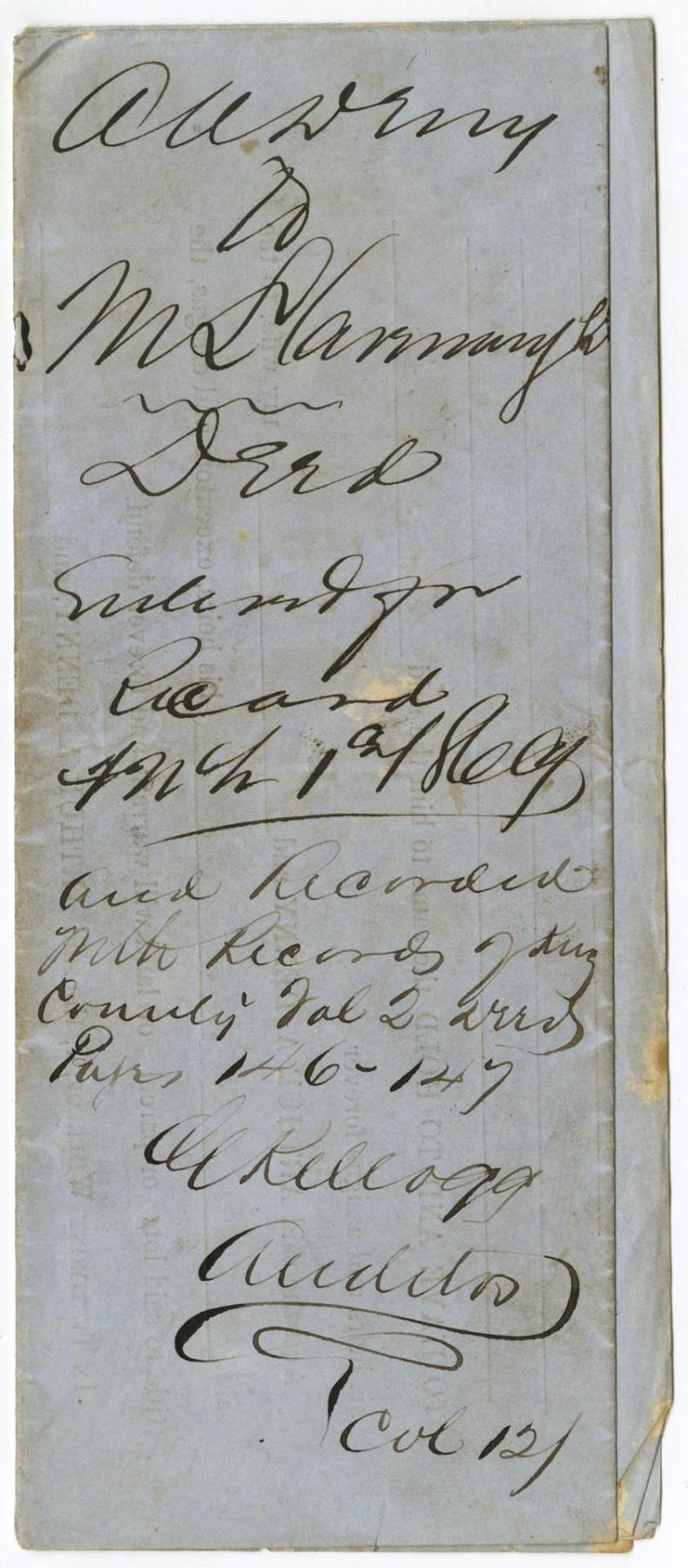 Image of Warranty Deed from Arthur A. Denny to Martin Cavanaugh, February 26, 1869