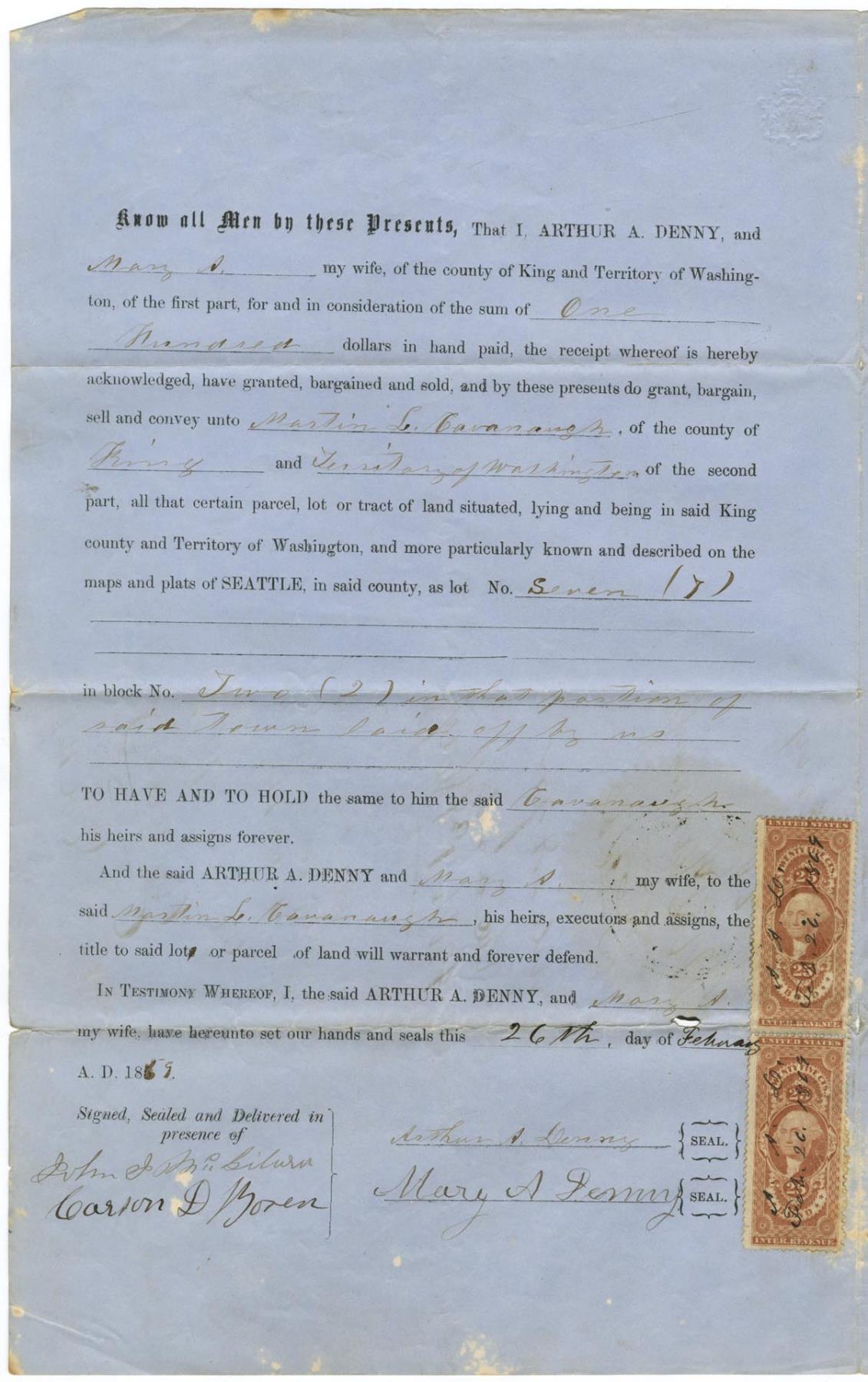 Image of Warranty Deed from Arthur A. Denny to Martin Cavanaugh, February 26, 1869