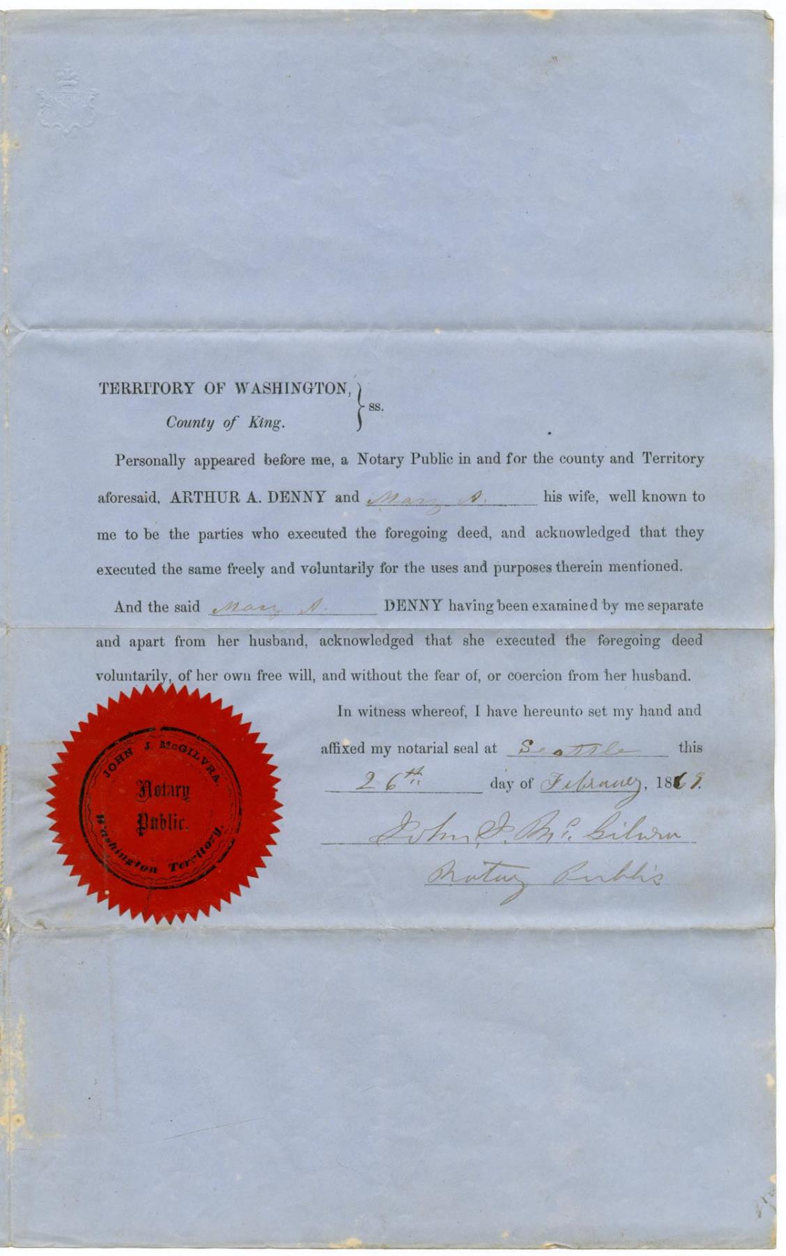 Image of Warranty Deed from Arthur A. Denny to Martin Cavanaugh, February 26, 1869