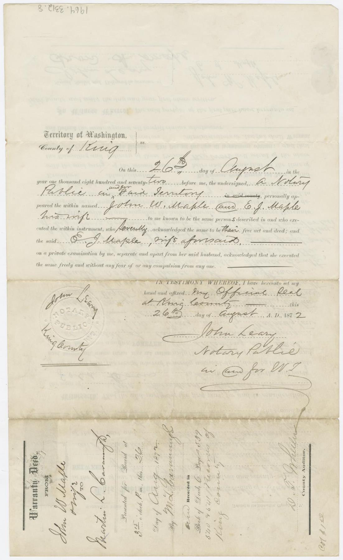 Image of Warranty Deed from John W. Maple and wife to Martin Cavanaugh, August 26, 1872