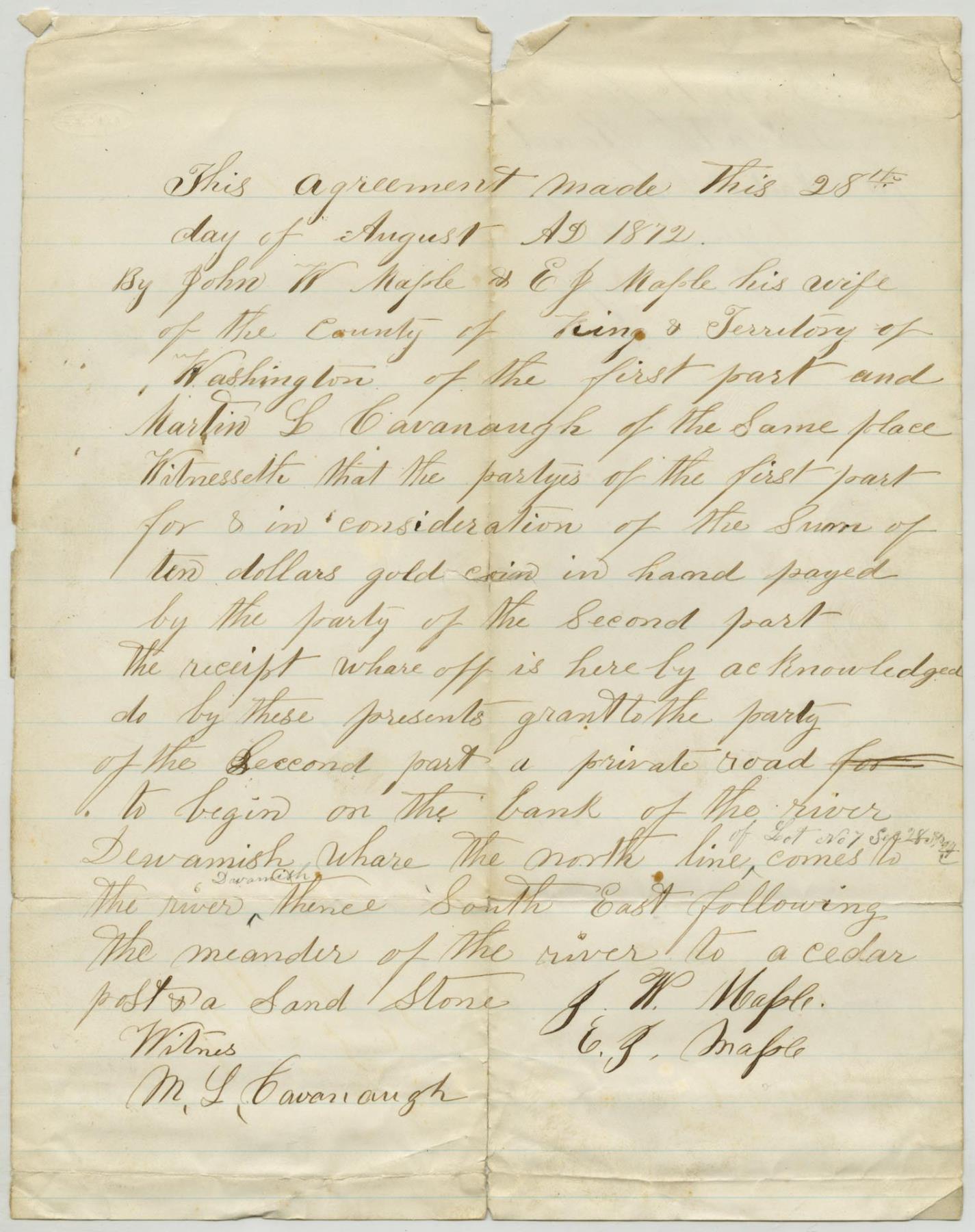 Image of Handwritten bond between John W. Maple and wife to Martin Cavanaugh for a private road, August 28, 1872