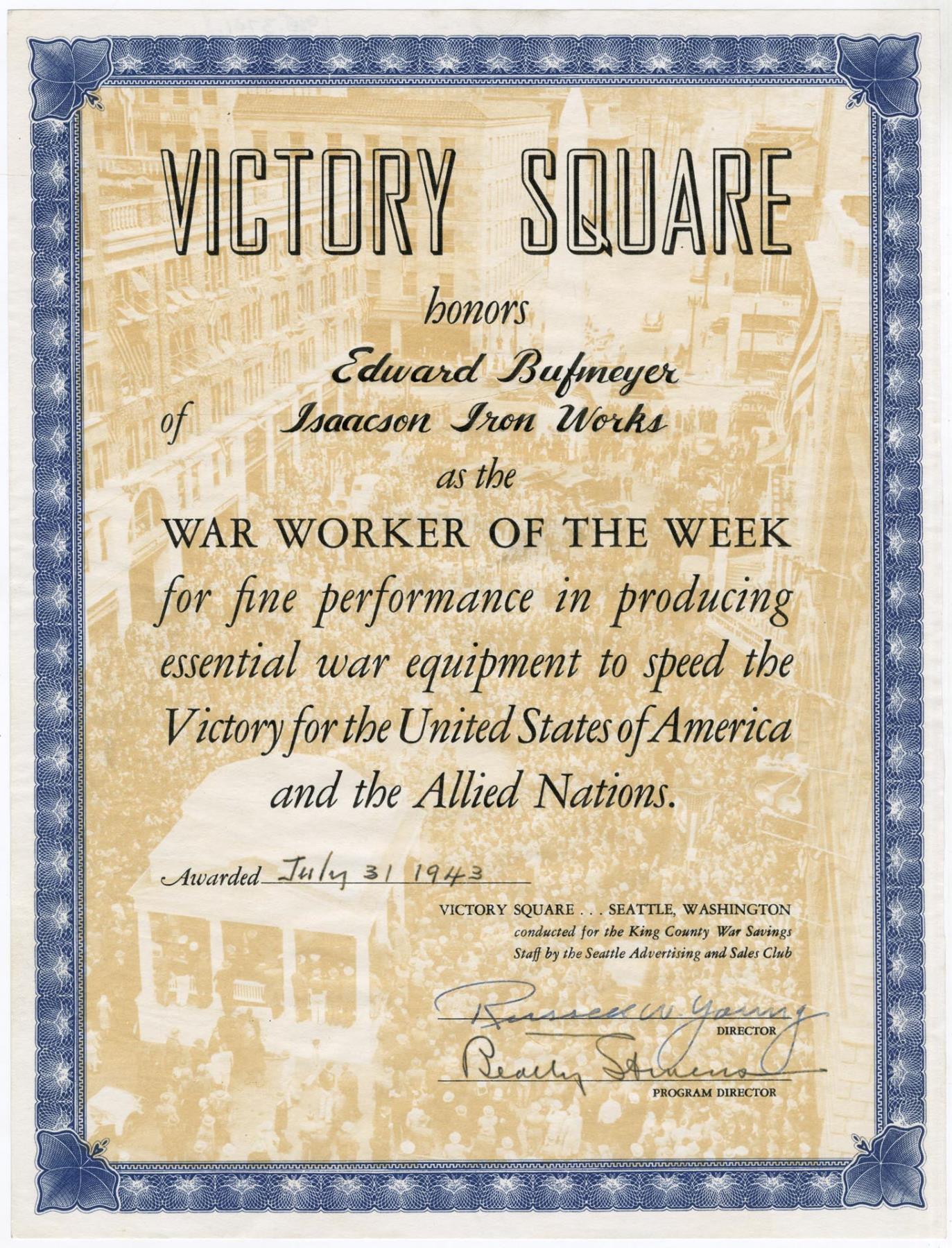 Image of War Worker of the Week Award, Productivity Award Certificate, 1943