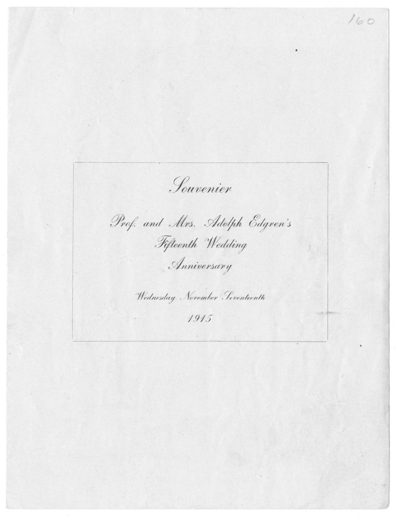 Image of Souvenir announcement of the 15th wedding anniversary of Professor and Mrs. Adolph Edgren,  Seattle, November 17, 1915