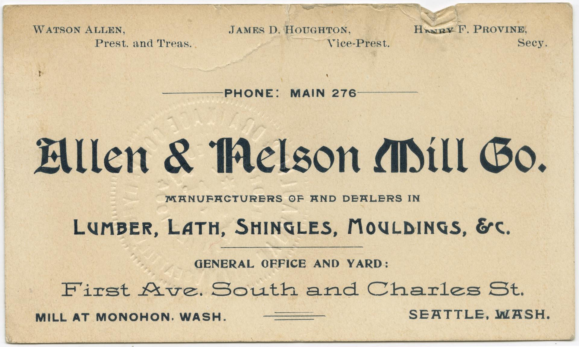 Image of Allen & Nelson Mill Company business card, circa 1900