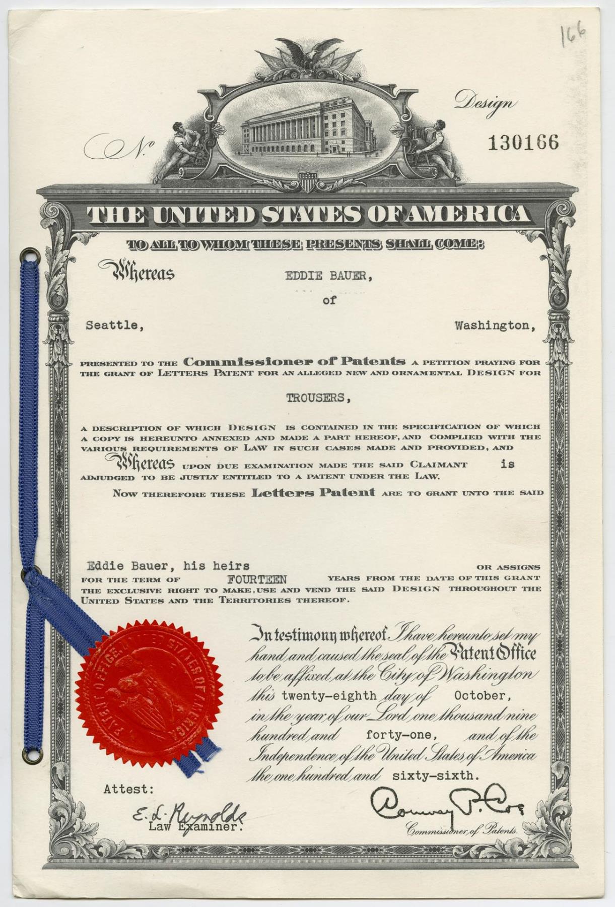 Image of Eddie Bauer's patent for trousers, October 28, 1941