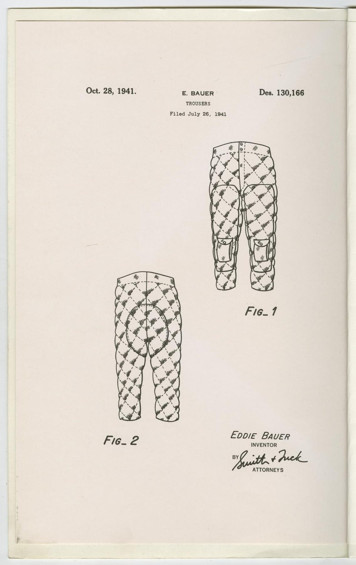 Image of Eddie Bauer's patent for trousers, October 28, 1941