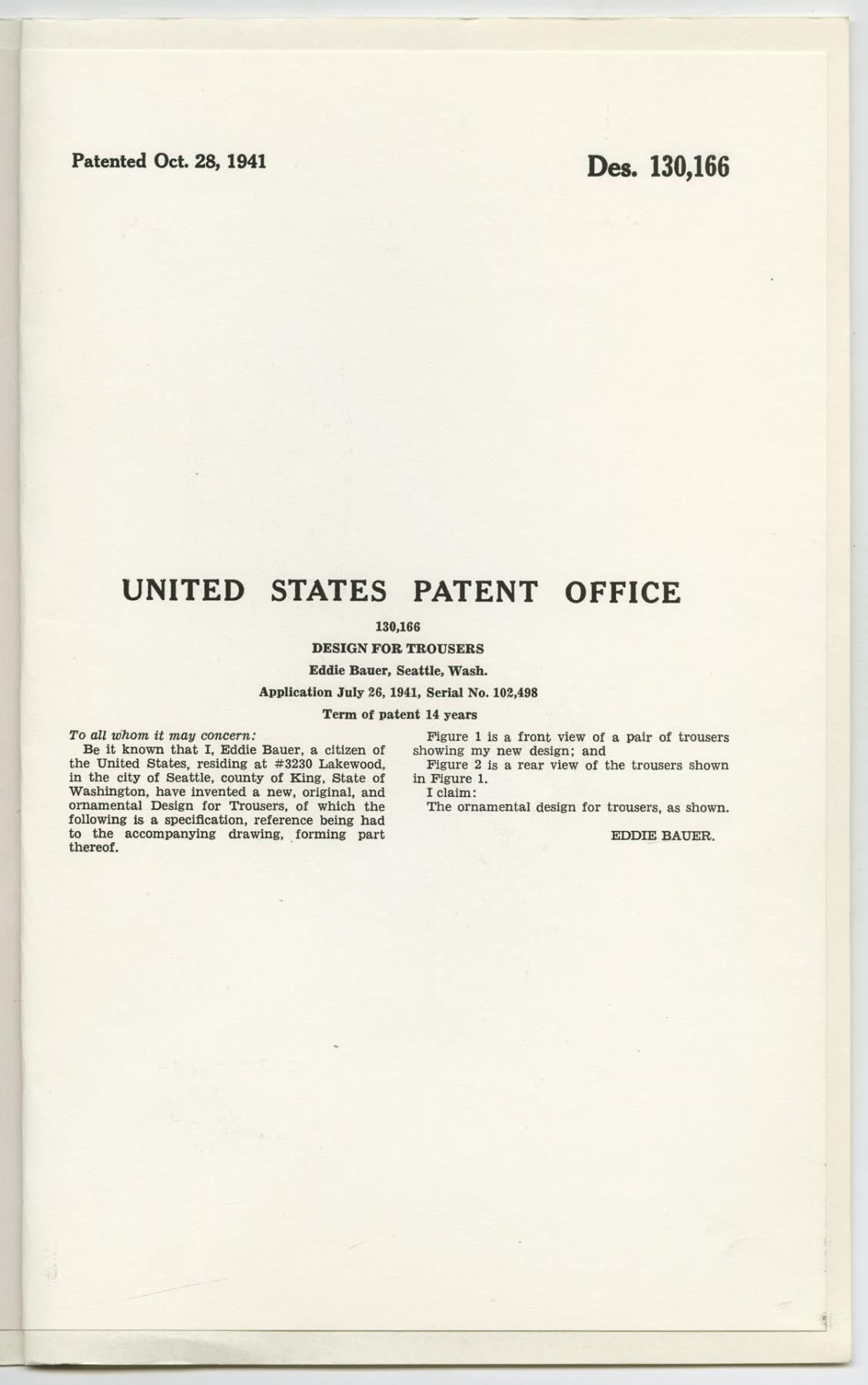 Image of Eddie Bauer's patent for trousers, October 28, 1941