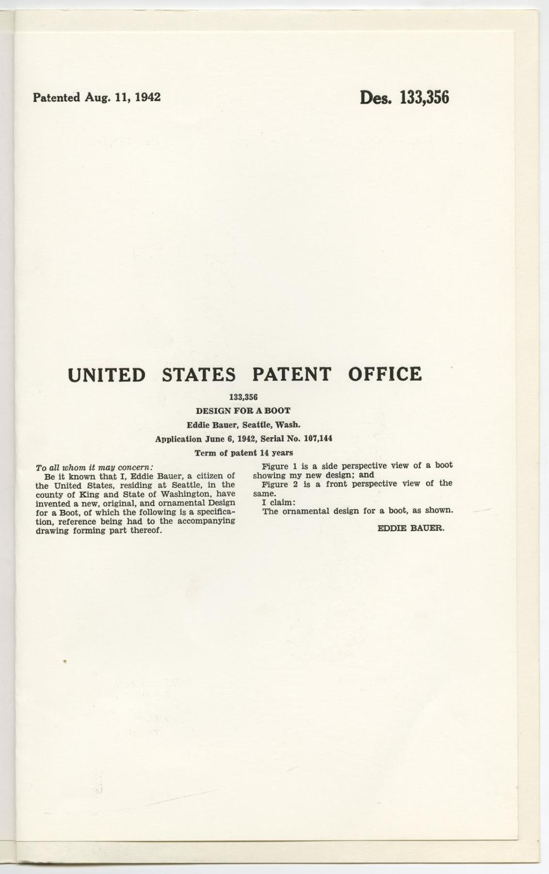 Image of Eddie Bauer's patent for boots, August 11, 1942