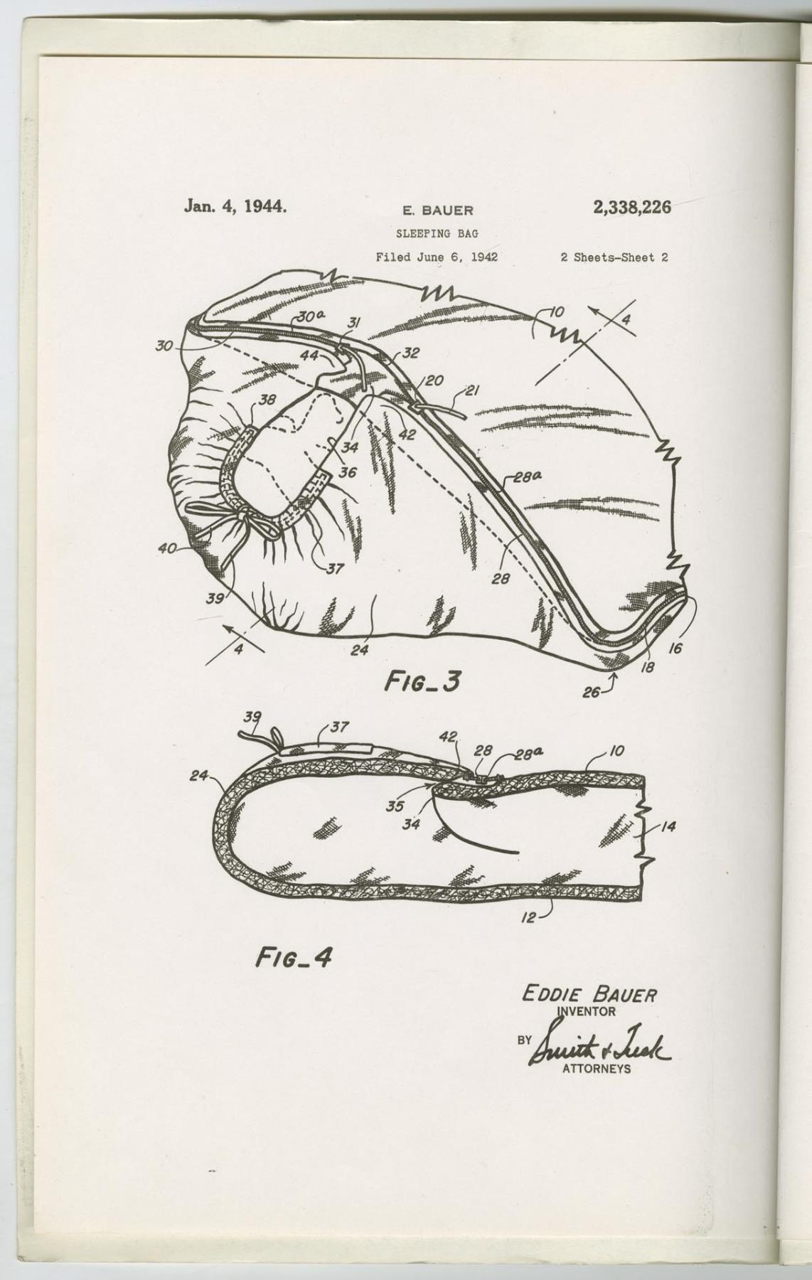 Image of Eddie Bauer's patent for a sleeping bag, January 4, 1944