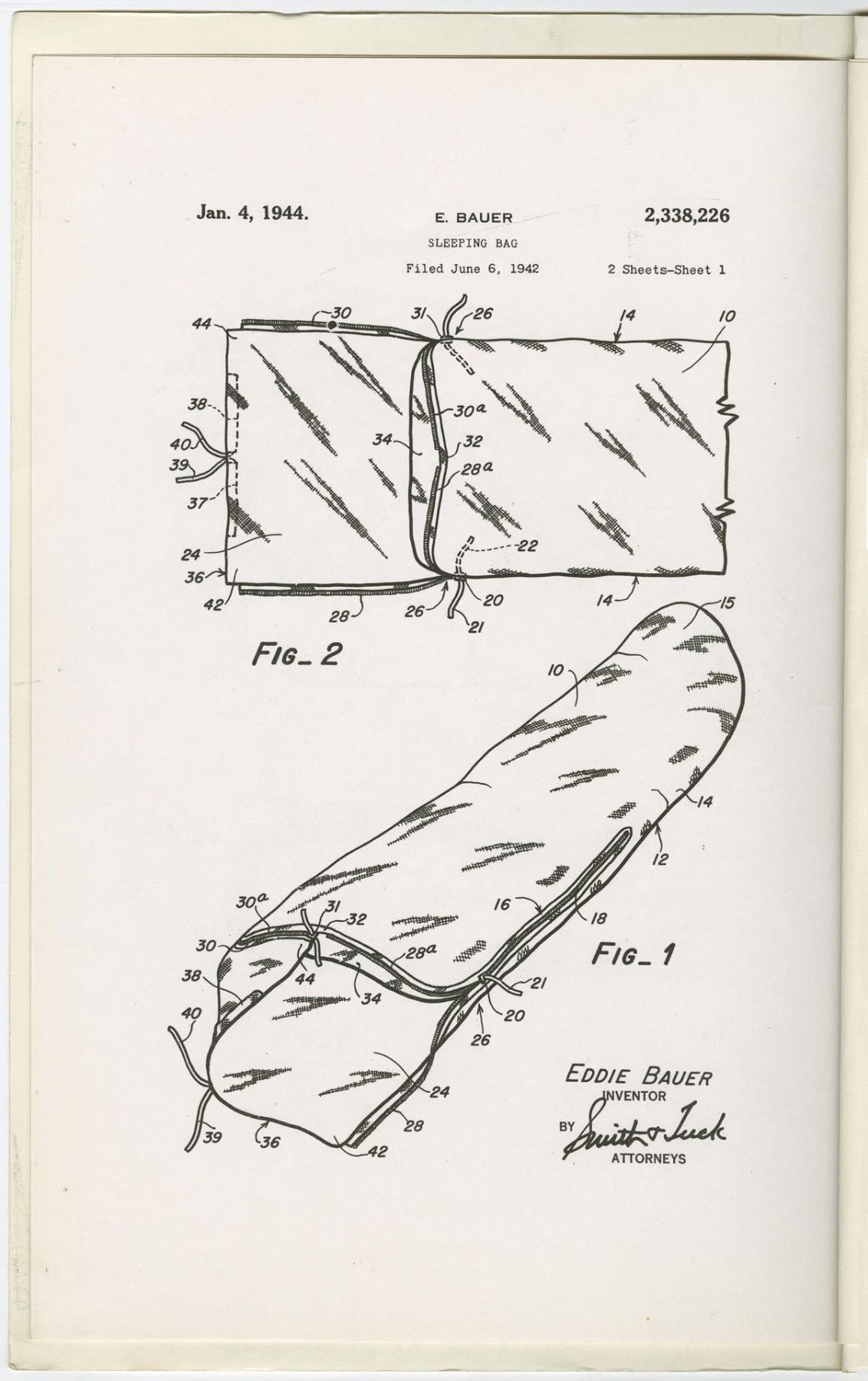 Image of Eddie Bauer's patent for a sleeping bag, January 4, 1944