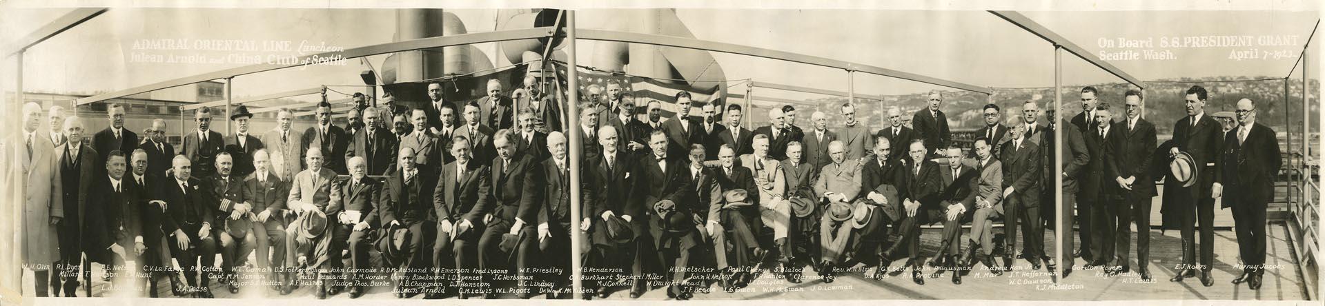 Image of Julean Arnold and China Club of Seattle aboard S.S. President Grant, Seattle, April 7, 1923