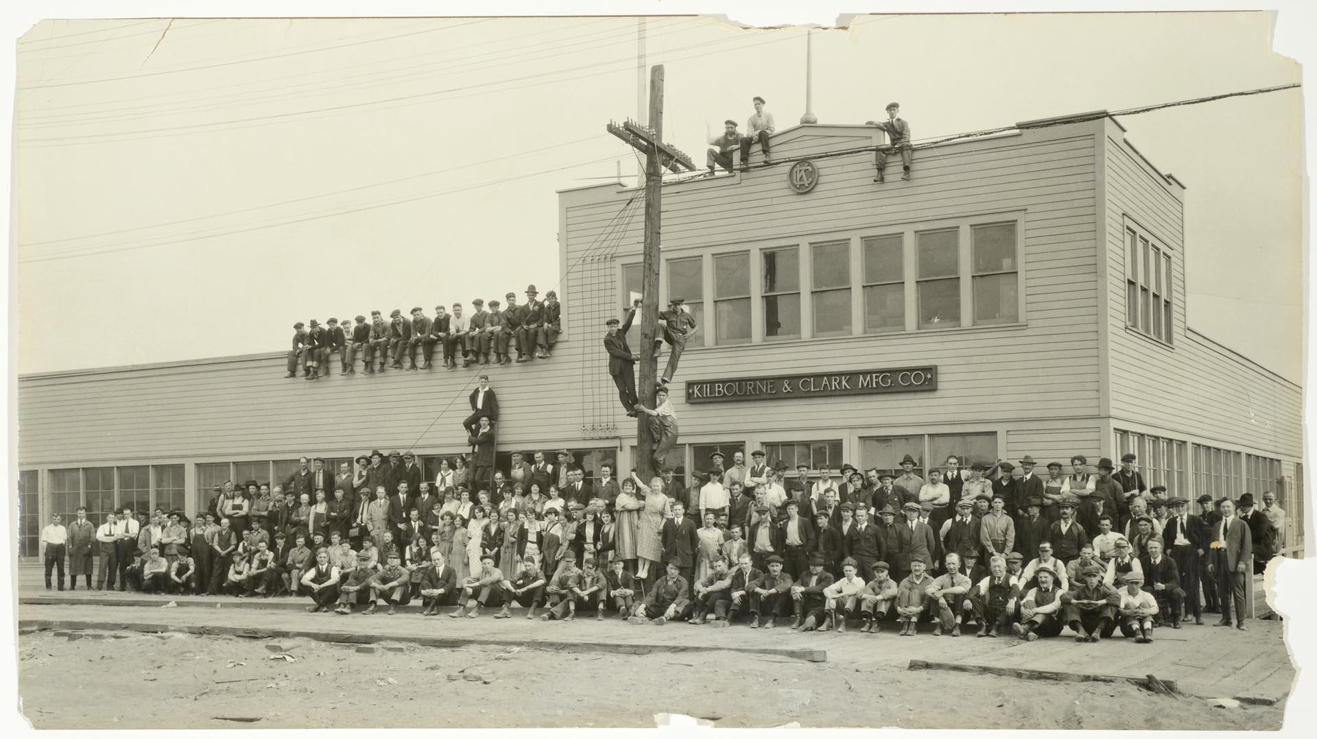 Image of Kilbourne & Clark employees posing in front of factory, Seattle, June 1922