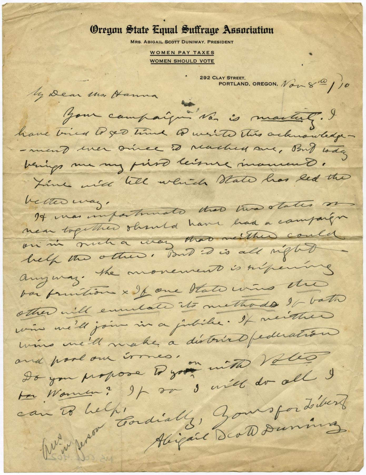 Image of Letter from Abigail Scott Duniway to Missouri Hanna, November 8, 1910