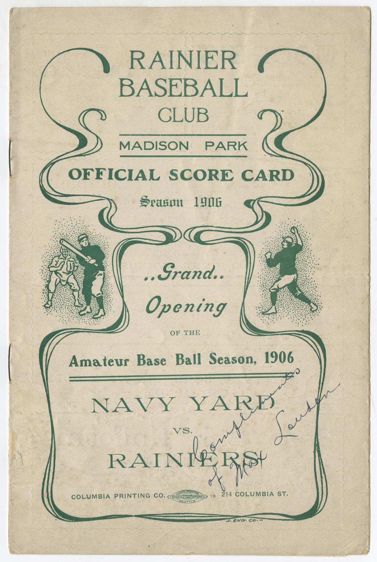 Image of Rainier Baseball Club scorecard, 1906