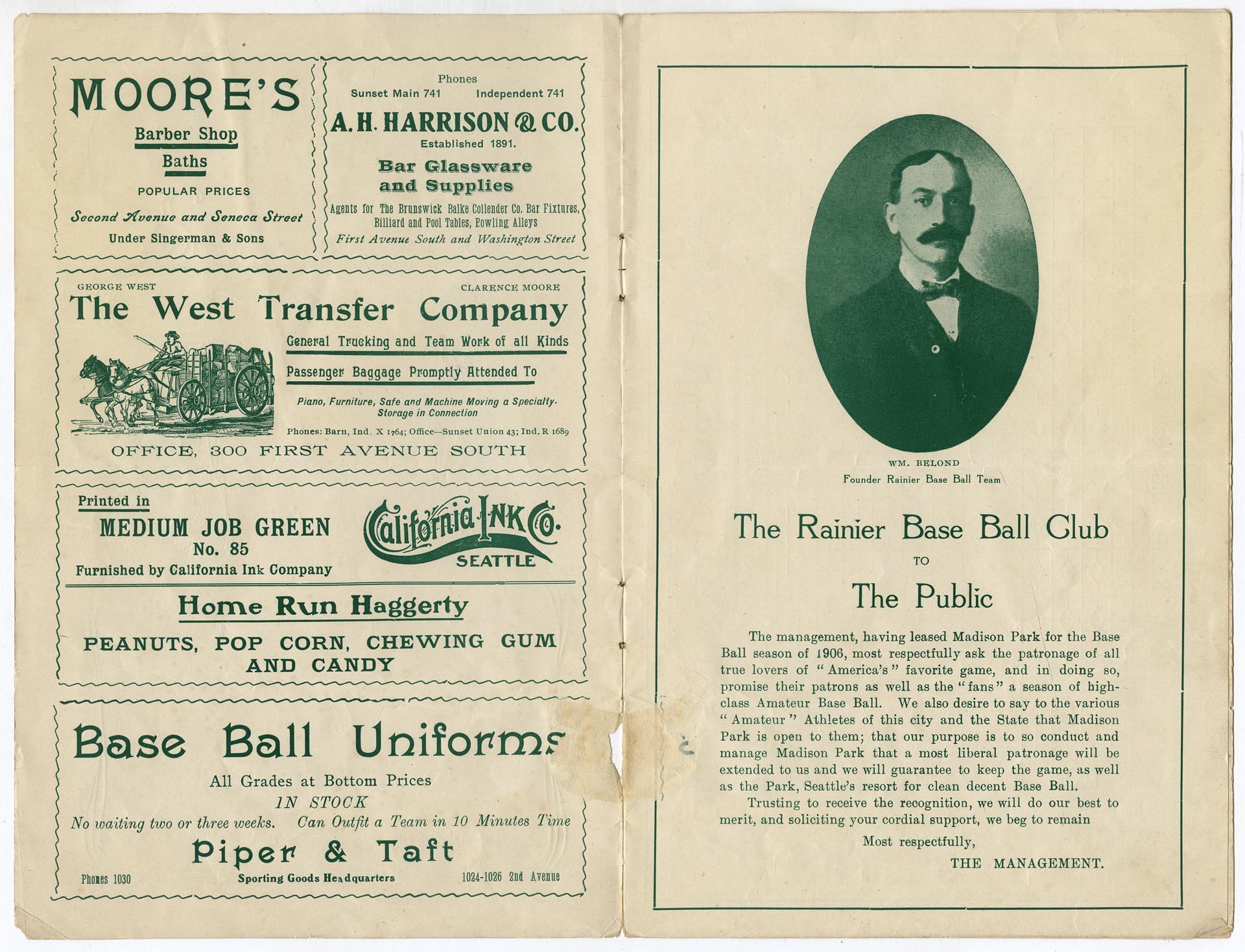 Image of Rainier Baseball Club scorecard, 1906