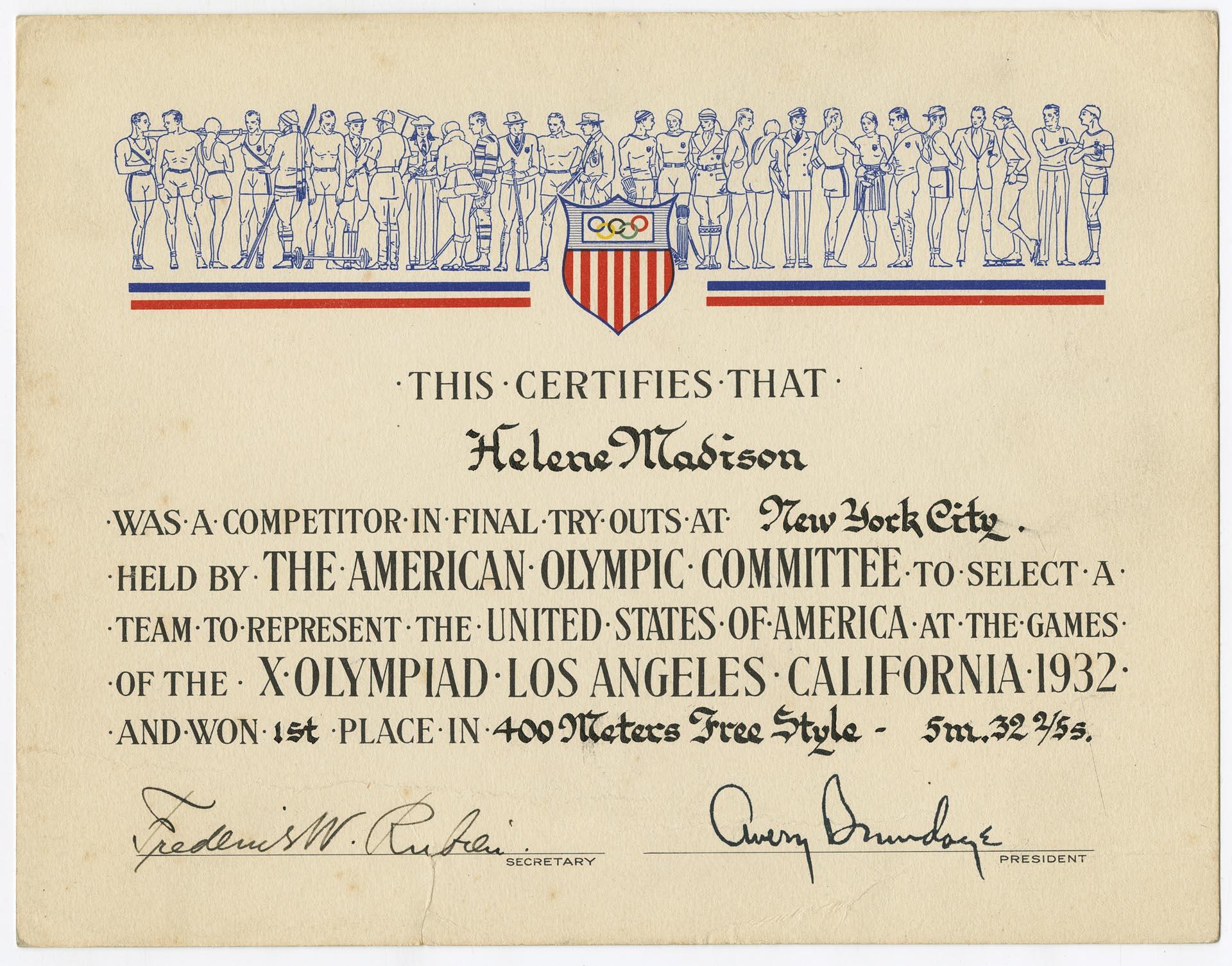 Image of Helene Madison's Olympic tryouts certificate, 1932
