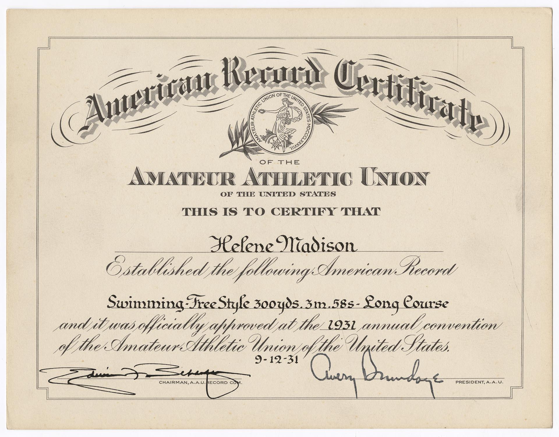 Image of Helene Madison's American record certificate, September 12, 1931