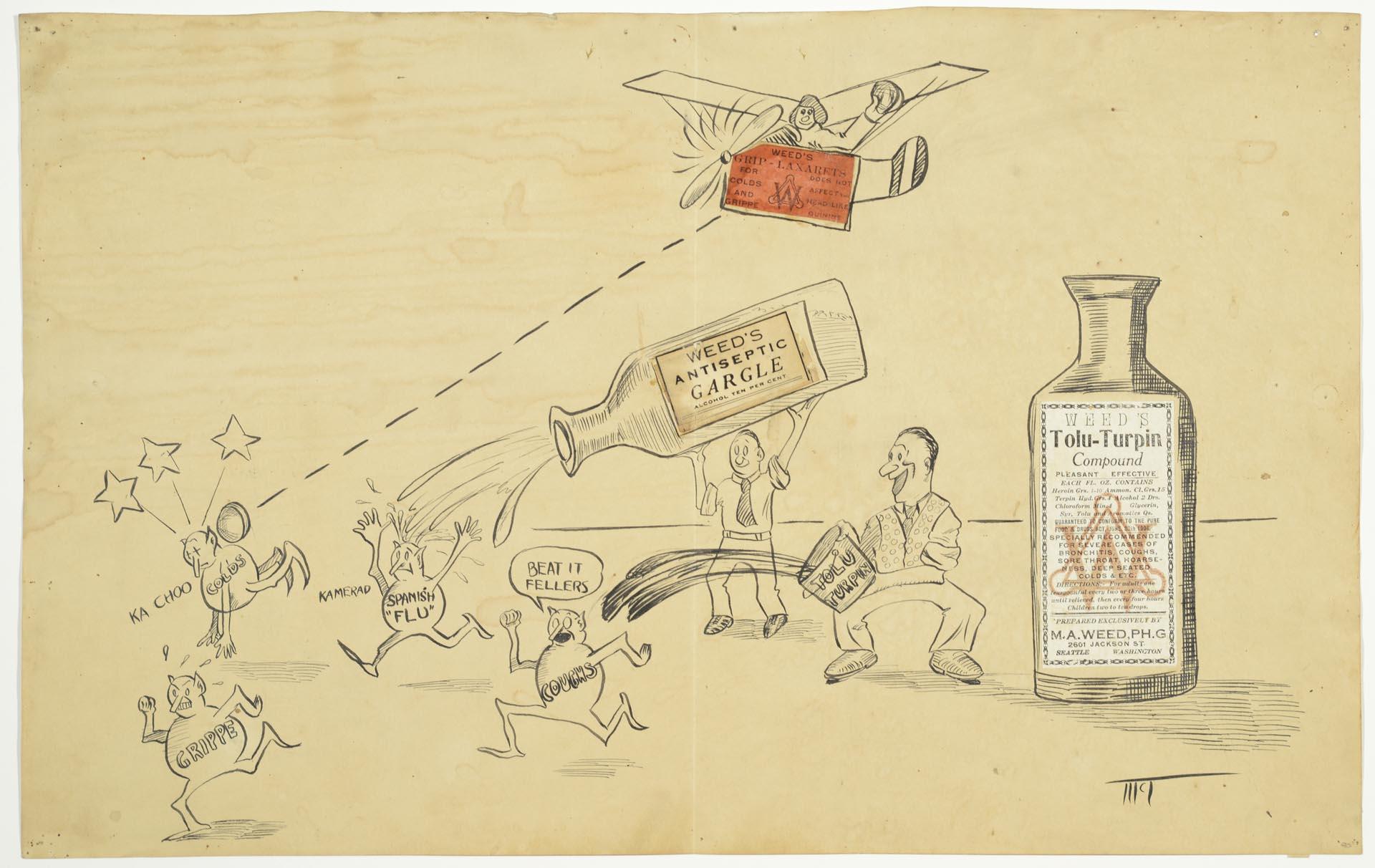 Image of Cartoon drawing advertising Weed's pharmaceutical products, Seattle, circa 1920