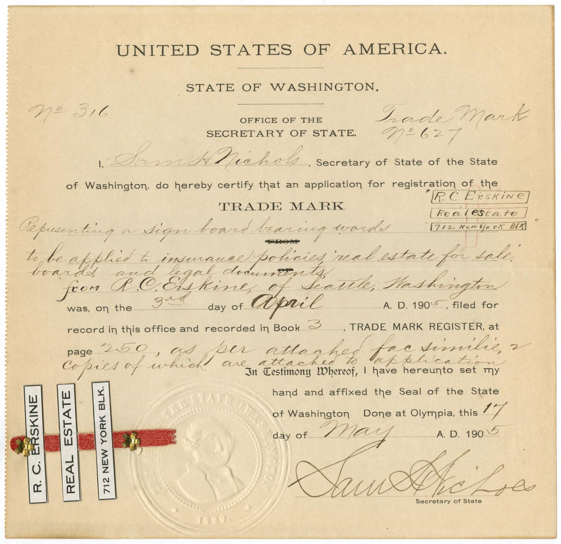Image of Application for Registration of  Trademark by R.C. Erskine, May 17, 1905
