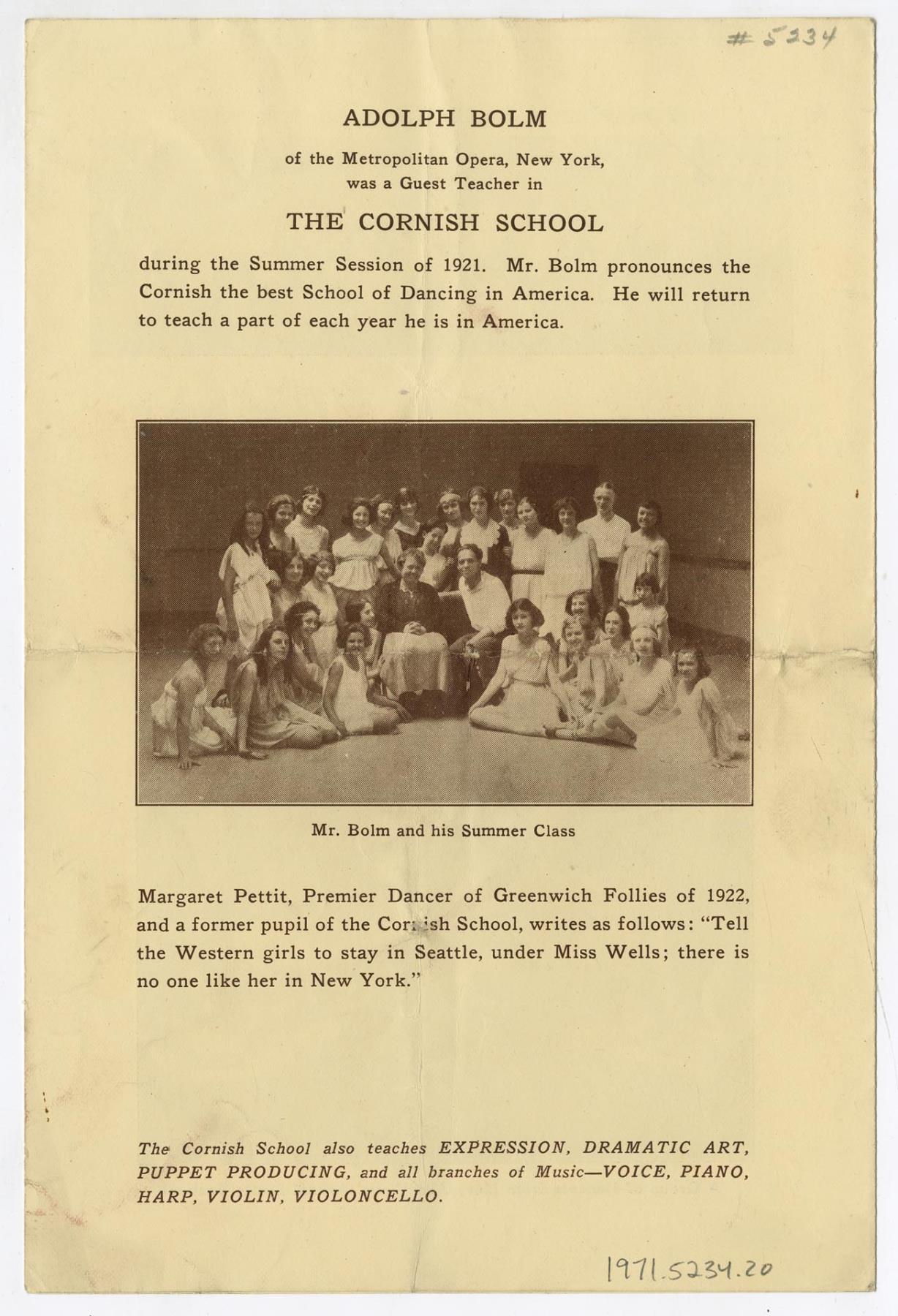 Image of Brochure for The Cornish School, Mary Anne Wells, Head of Dance, 1921