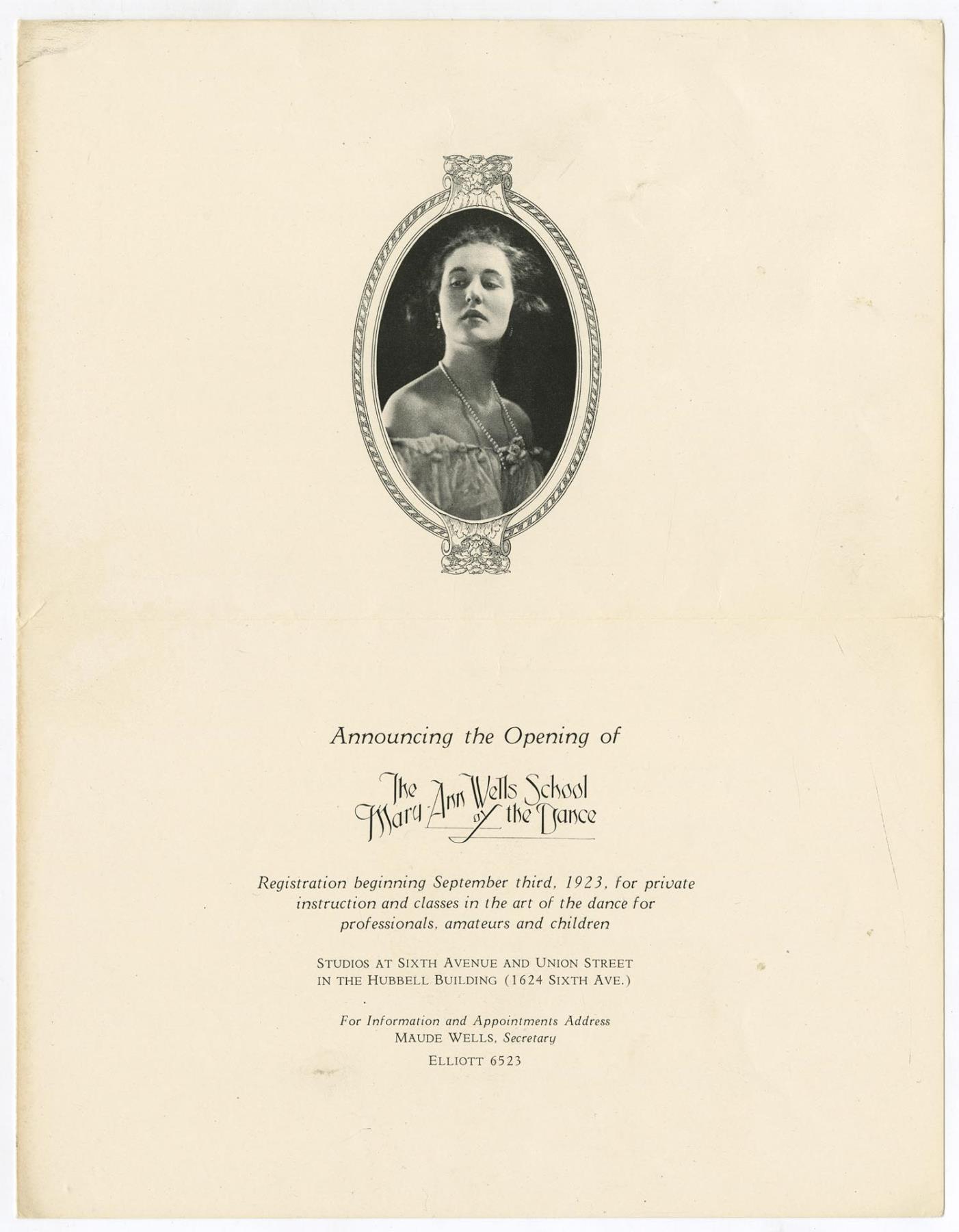 Image of Announcement for The Mary Ann Wells School of Dance, September 3, 1923