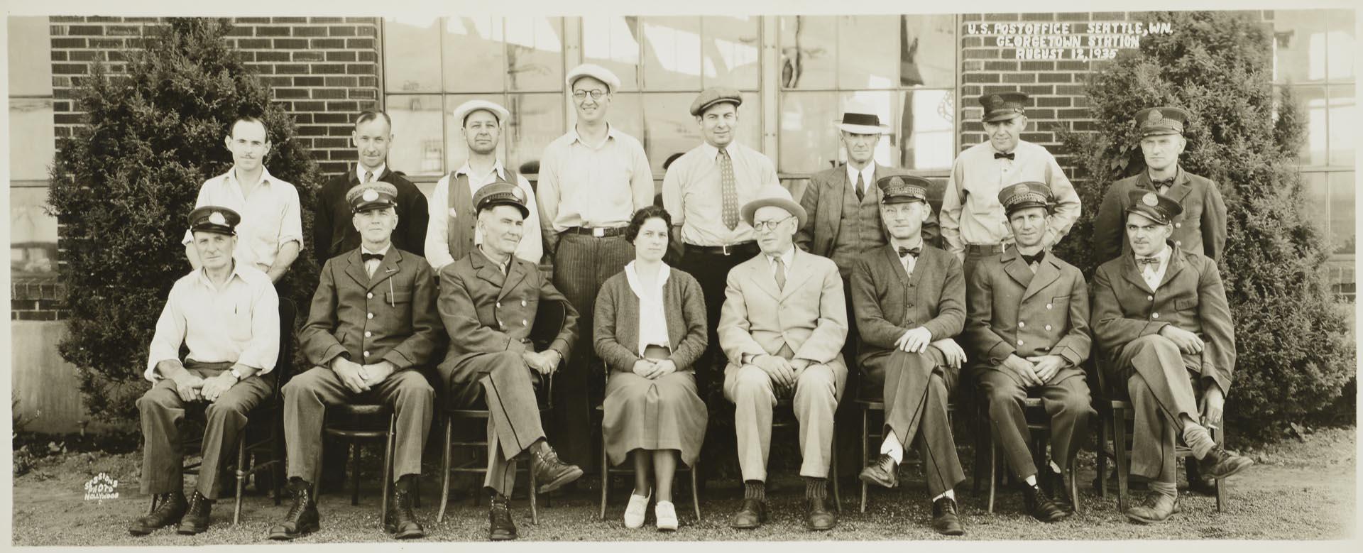 Image of U.S. Post office employees in front of Georgetown Station, Seattle, August 12, 1935