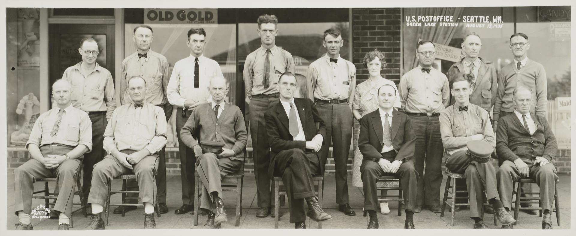 Image of U.S. Post office employees in front of Green Lake Station, Seattle, August 15, 1935