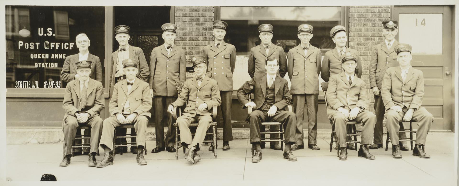 Image of U.S. Post office employees in front of Queen Anne Station, Seattle, August 18, 1935