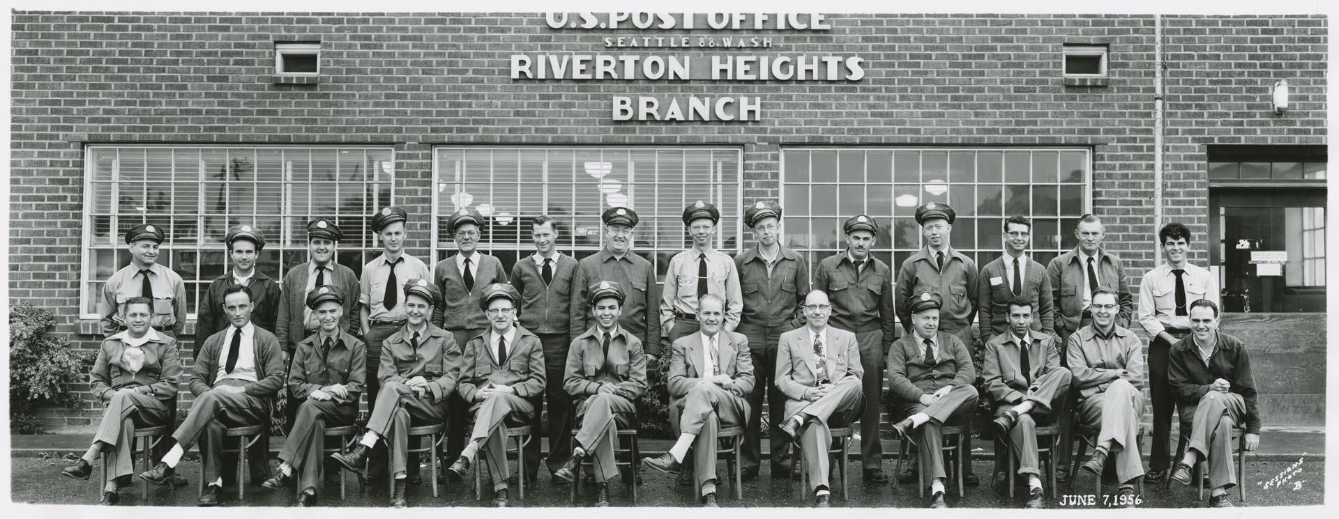 Image of U.S. Post office employees in front of Riverton Heights Branch, Seattle, June 7, 1956