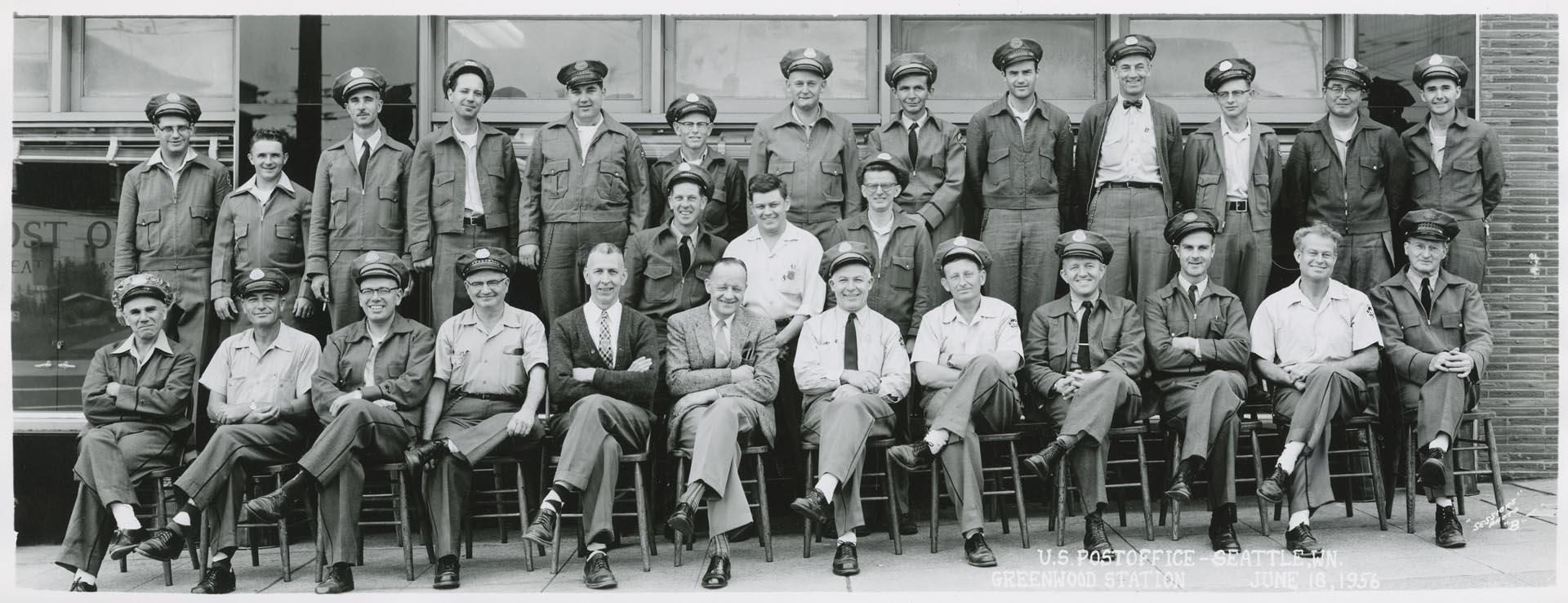 Image of U.S. Post office employees in front of Greenwood Station, Seattle, June 1956
