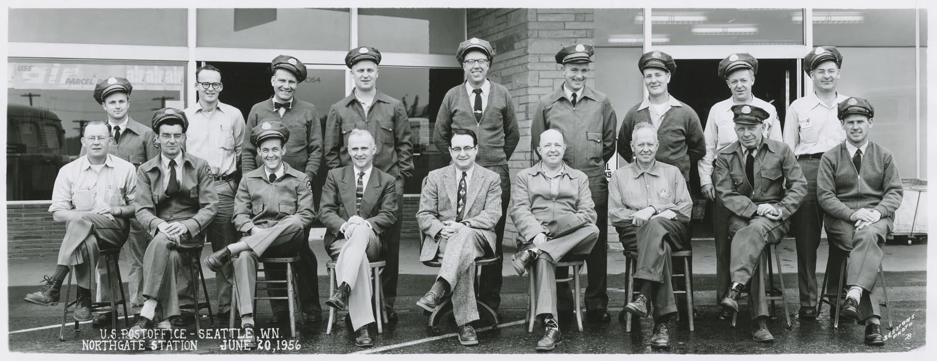 Image of U.S. Post office employees in front of Northgate Station, Seattle, June 1956