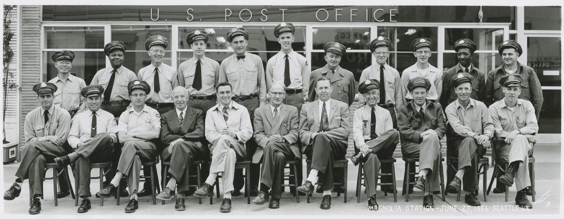 Image of U.S. Post office employees in front of Magnolia Station, Seattle, June 1956