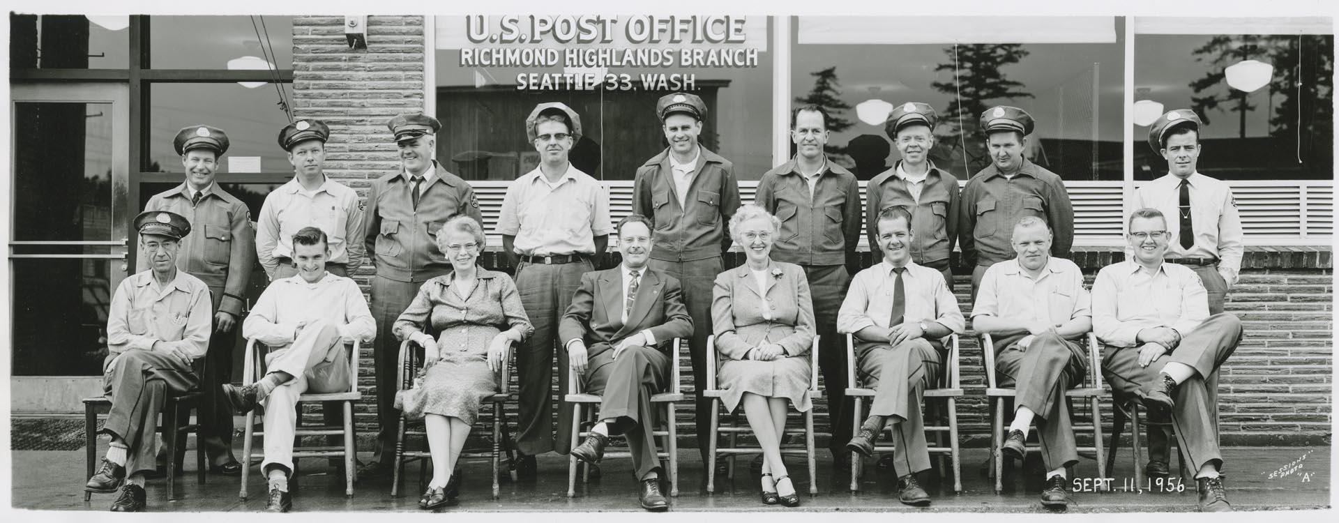 Image of U.S. Post office employees in front of Richmond Highlands Branch, Seattle, June 1956