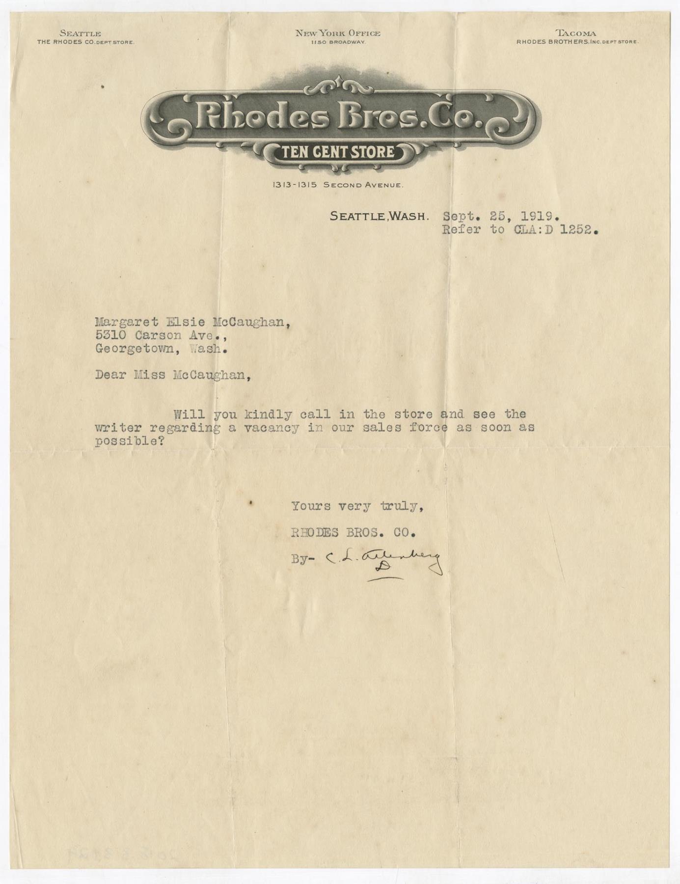 Image of Rhodes Bros. Co. letter, September 25, 1919