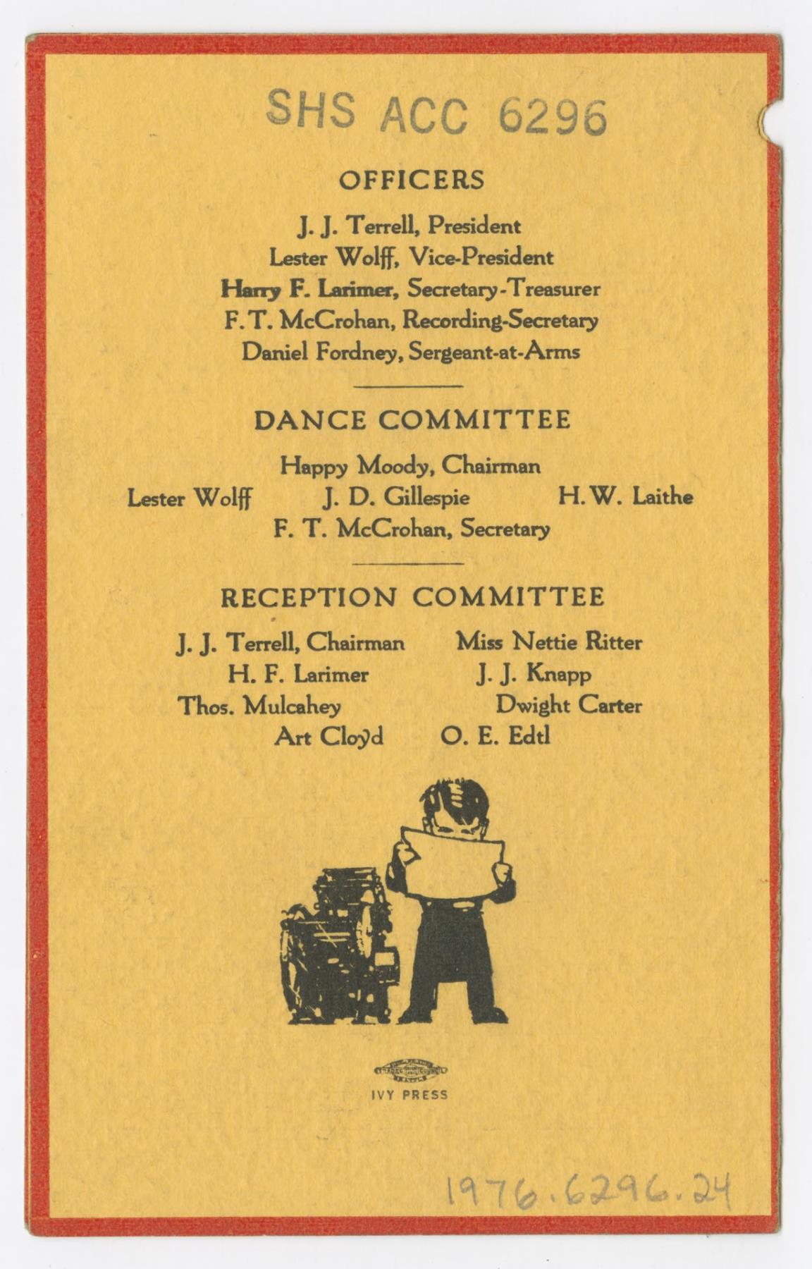 Image of Dance card for the 11th Annual Ball, Printing Press Assistants Union No. 59, December 17, 1914