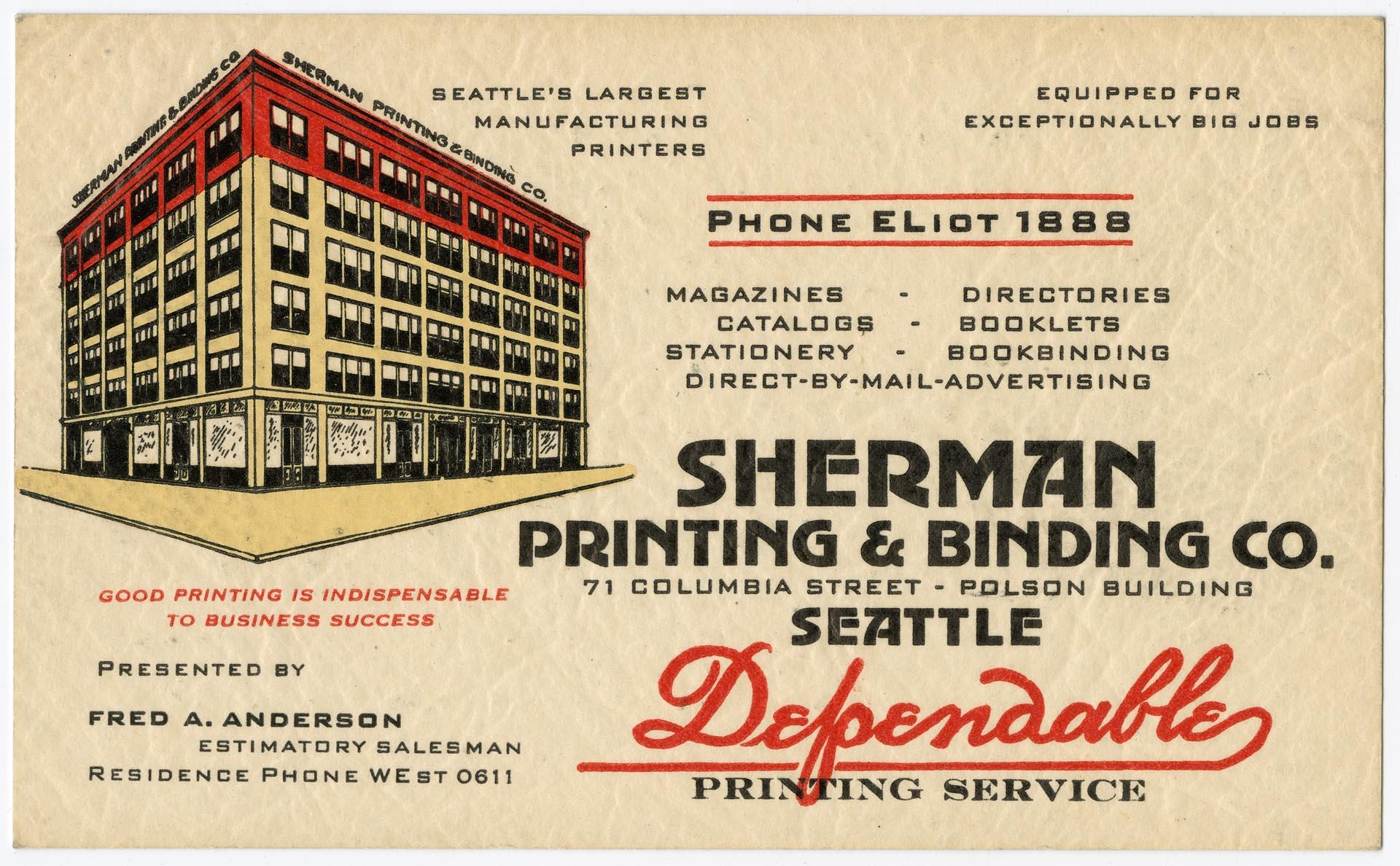 Image of Sherman Printing & Binding Co. business card, circa 1936