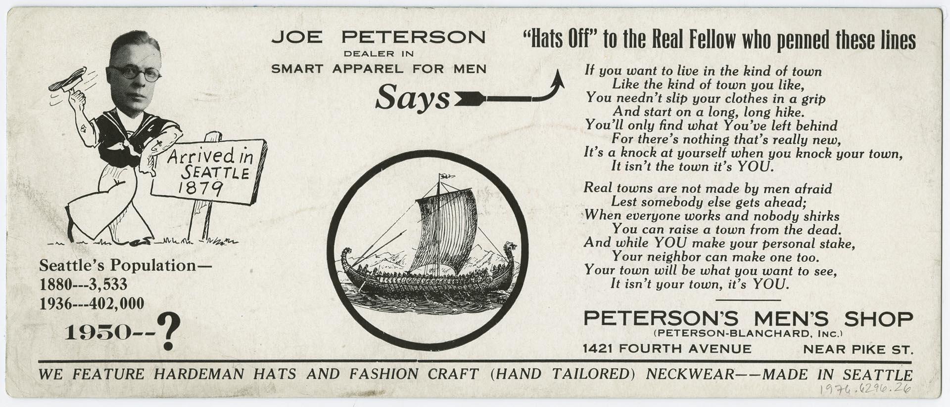 Image of Peterson Men's Shop advertisement, circa 1935