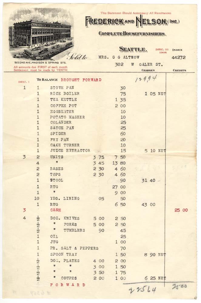 Image of Frederick & Nelson account statement, December 1908