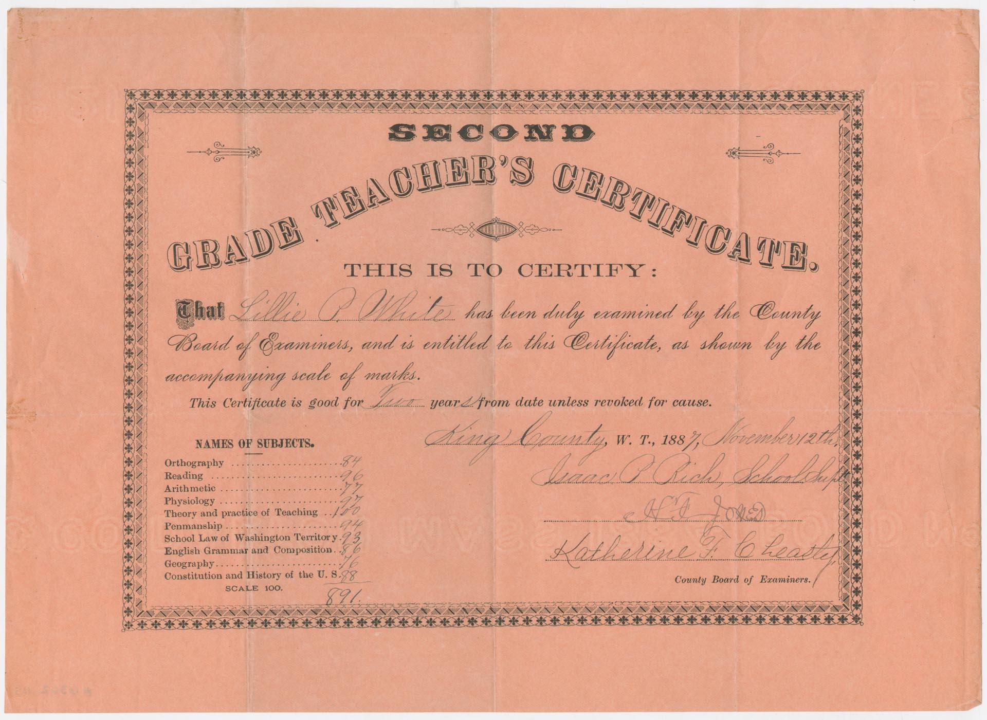 Image of Teaching certificate for Lillie Pauline White, King County, November 12, 1887