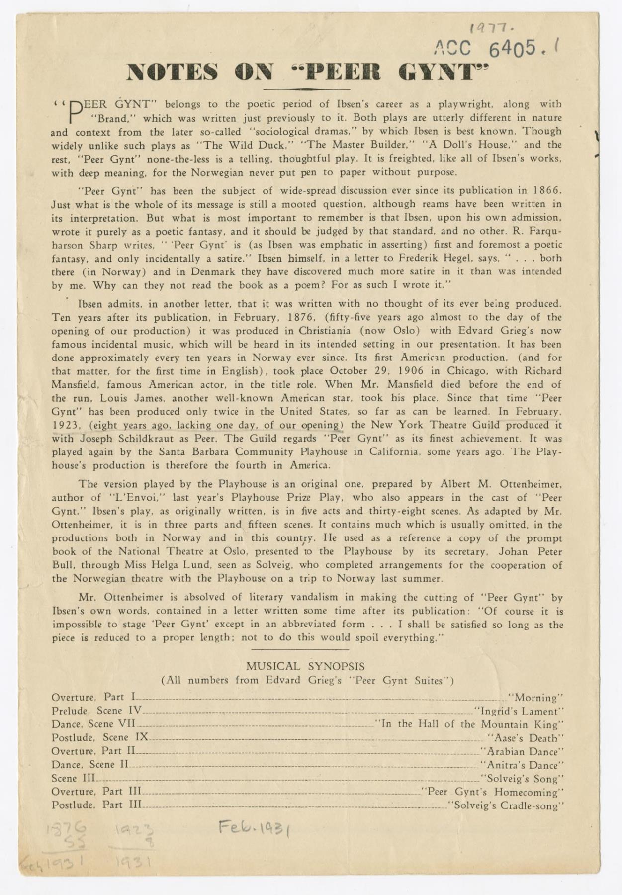 Image of Program for Peer Gynt at Seattle Repertory Playhouse, February 1931