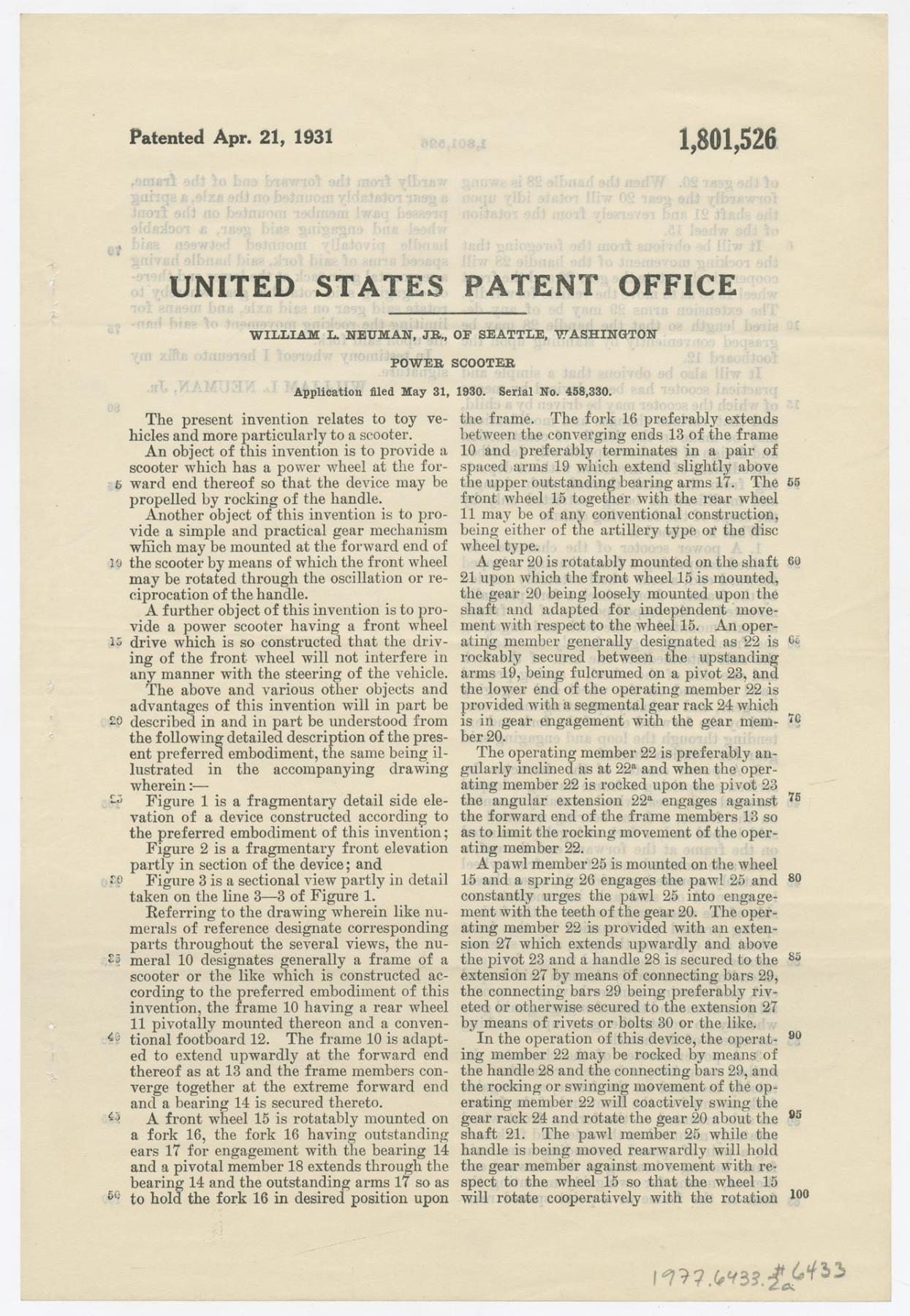 Image of William L. Neuman, Jr. patent for scooter, April 21, 1931