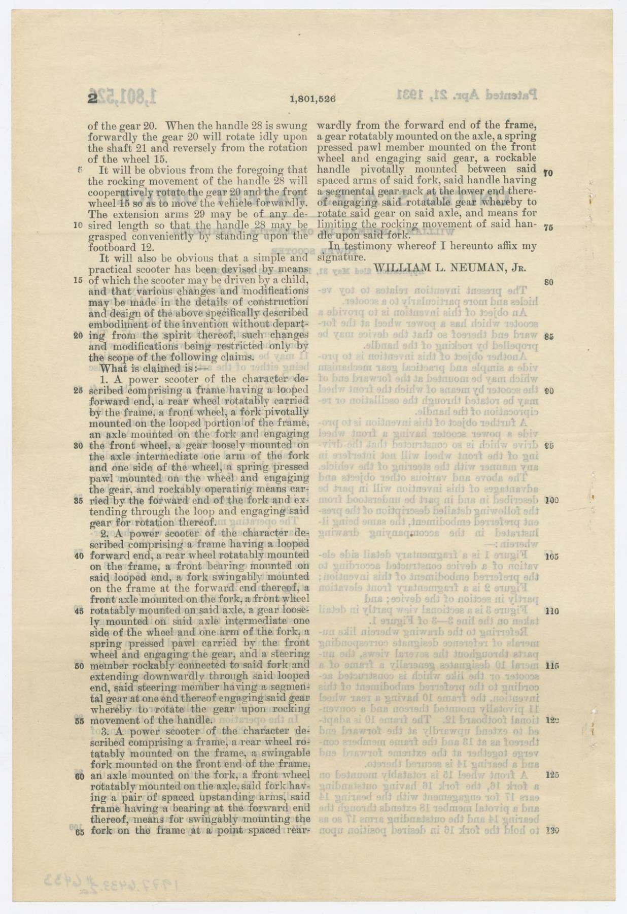 Image of William L. Neuman, Jr. patent for scooter, April 21, 1931