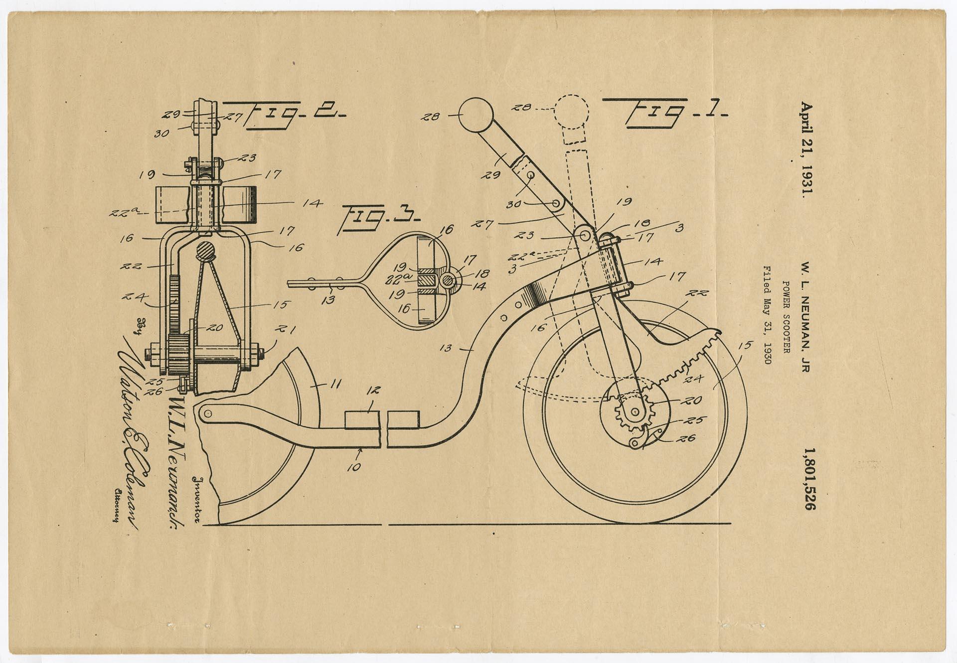Image of William L. Neuman, Jr. patent for scooter, April 21, 1931