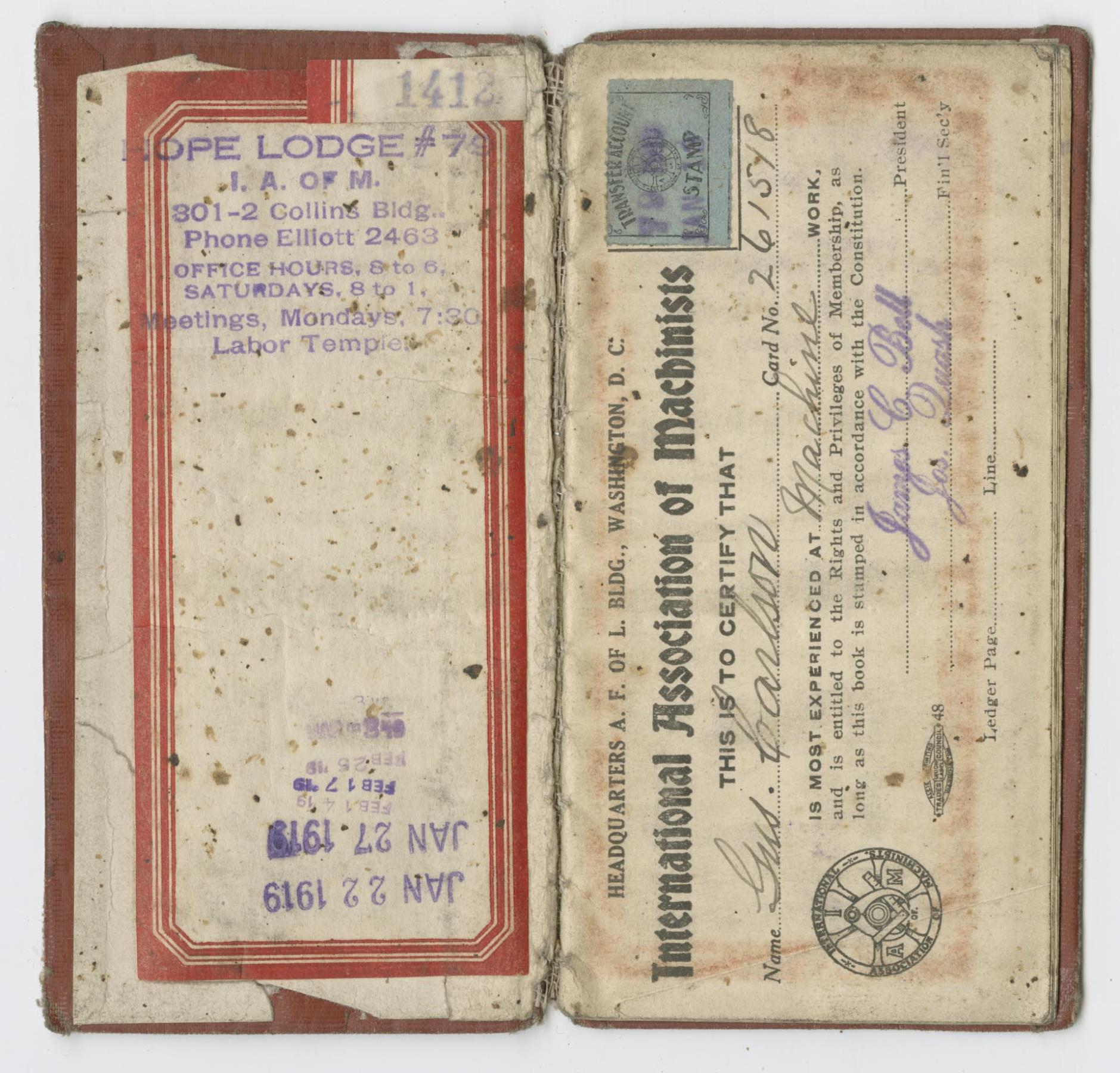 Image of Gus Carlson's machinists union dues book, 1919-1923