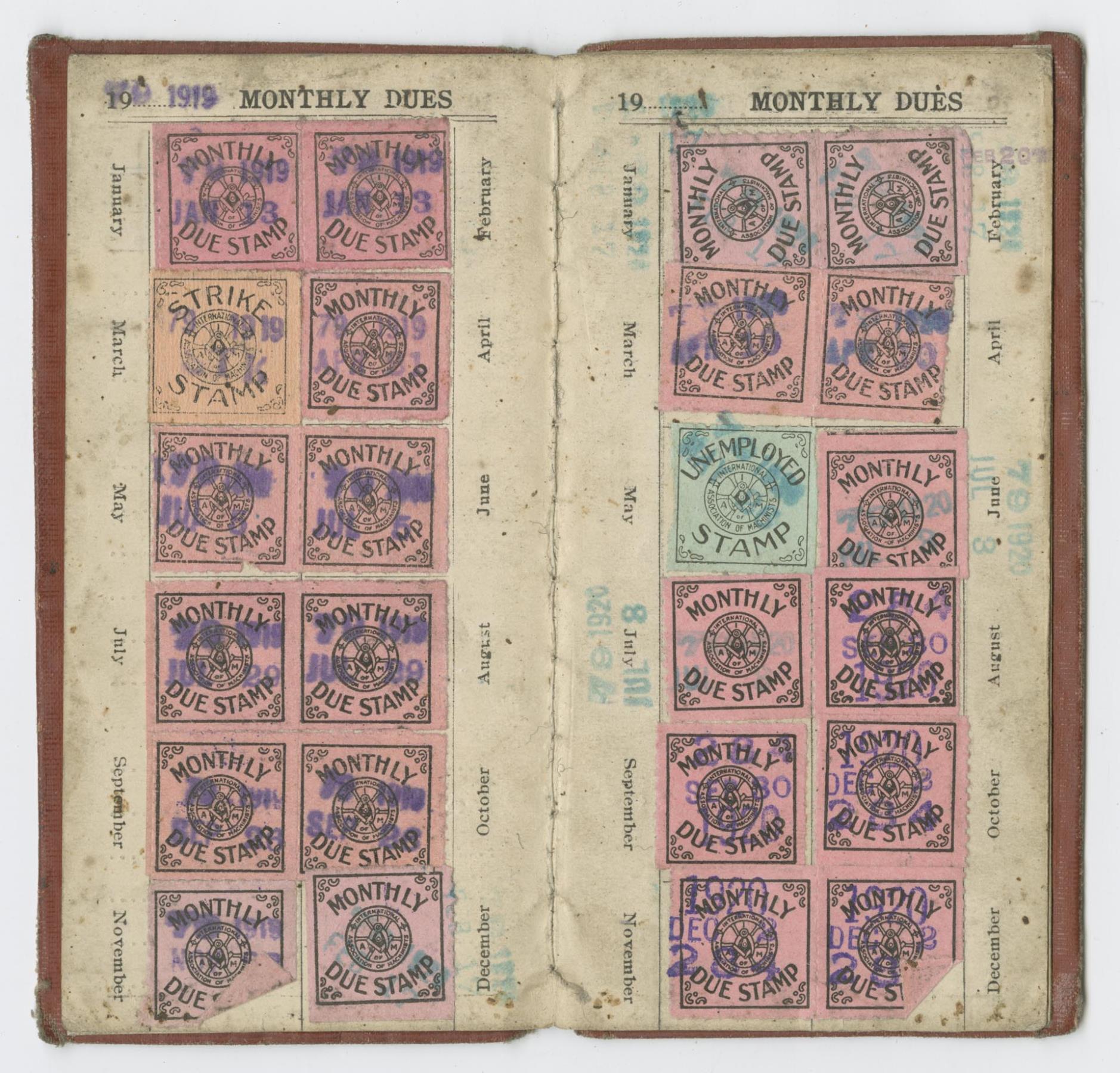 Image of Gus Carlson's machinists union dues book, 1919-1923